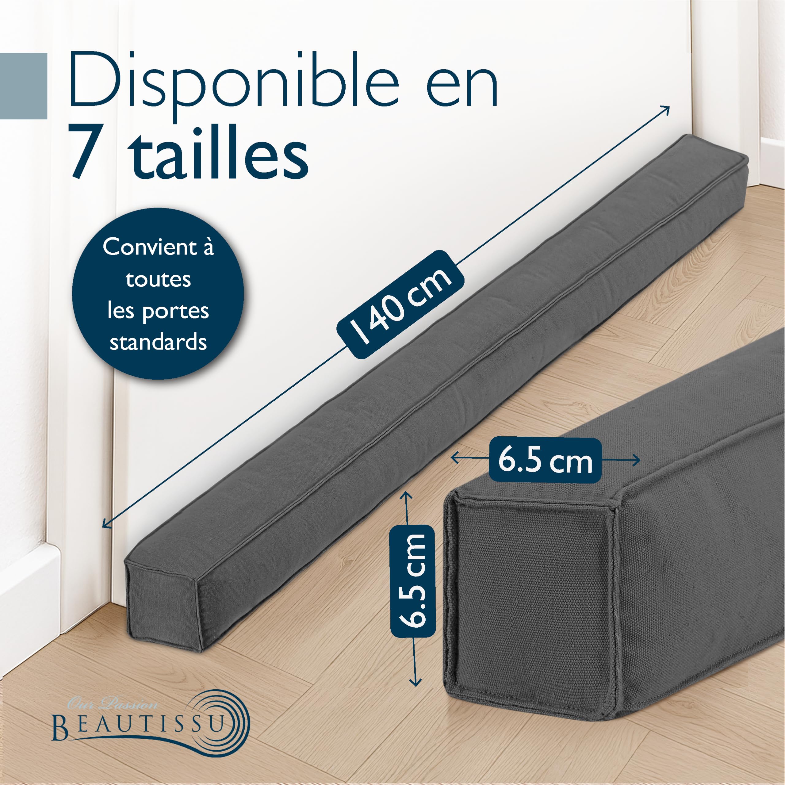 Beautissu Boudin de Porte Isolant d'Entrée 140 cm – Bas de Porte Anti Froid Bruit – Coussin Anti Courant d’Air pour Fenêtre – Coupe Vent Tissu Anthracite pour Isolation Thermique – Marin
