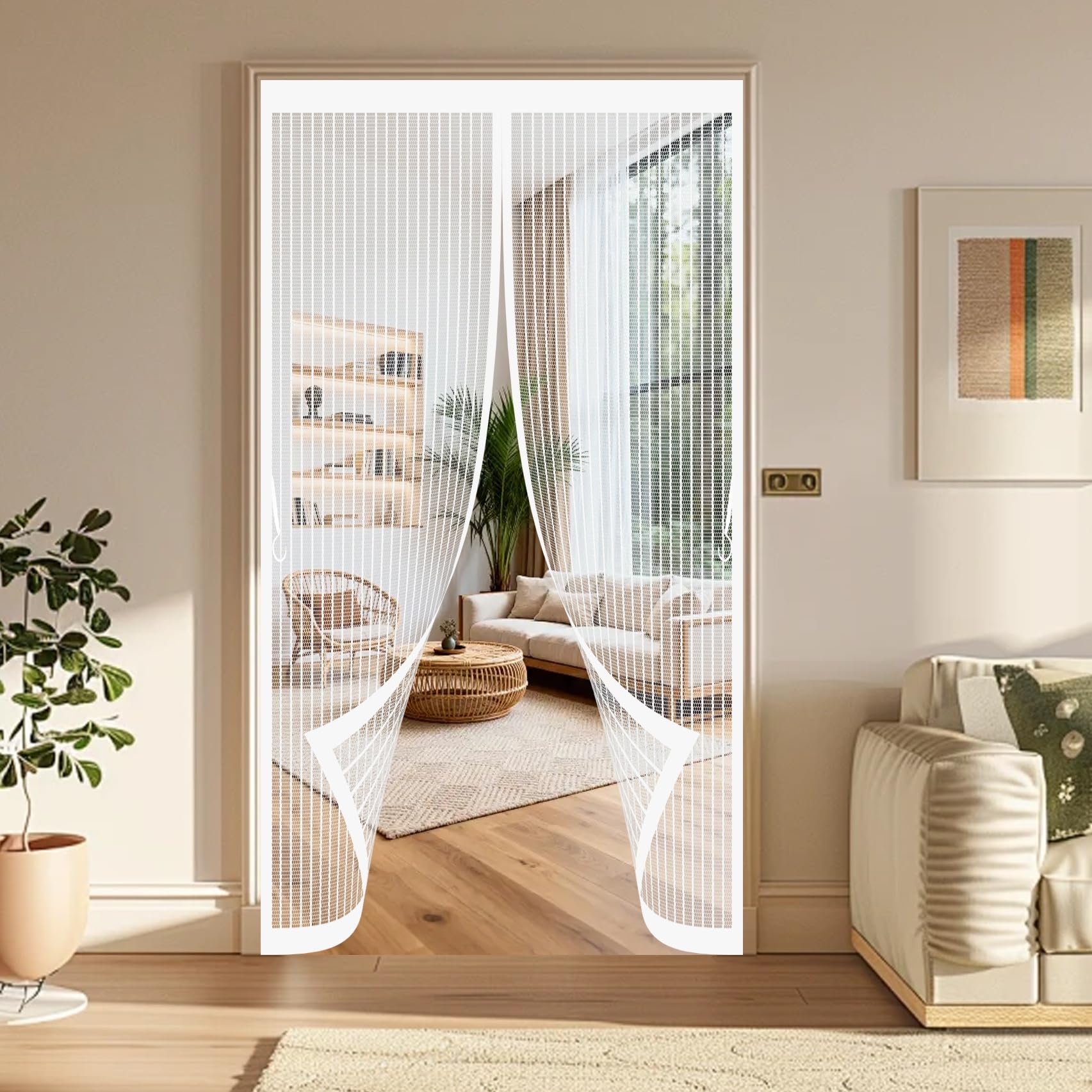 Door Fly Screen Curtain 184 x 196 cm Powerful Magnets, No Drill Installation, Automatically Closes, for Keeping Out Flies & Bug Magnetic Screen Fly Doors for Patio Doors Bedroom, White