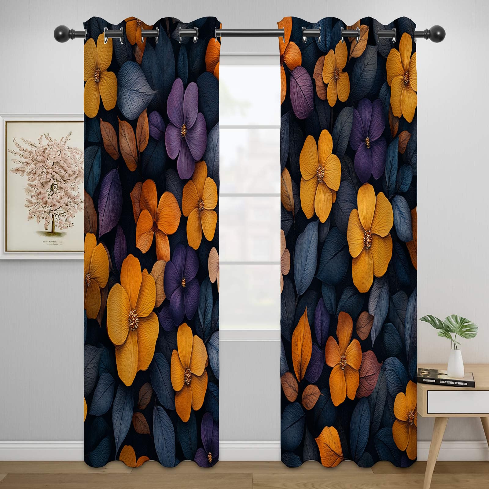 Blickdichte Vorhänge, Buntes Orangen-Lila-Blumenmuster Abstrakt Luxus Modern Muster Gardinen, für Wohnzimmer Schlafzimmer-H240 x B140 cm (2er Pack)