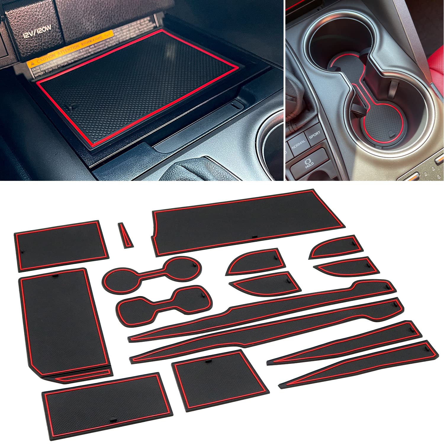 Cup Holder for Toyota Camry 2018 2019 2020 2021 2022 Accessories, Premium Custom Cup Holder Insert, Center Console Liner Organizer Door Pocket Mats Pad (Red Trim) - 16 PC Set