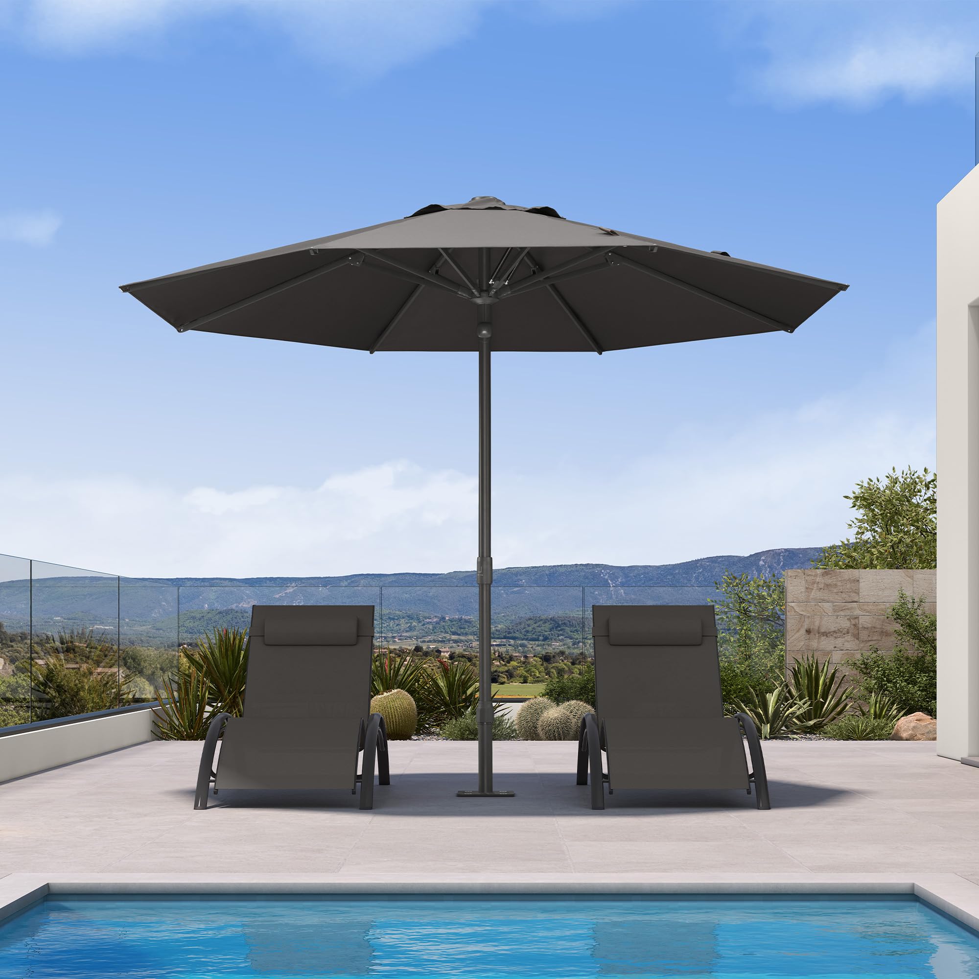 PURPLE LEAF Patio Market Umbrella 10' Outdoor Semi-Auto Easy Opening, Gray