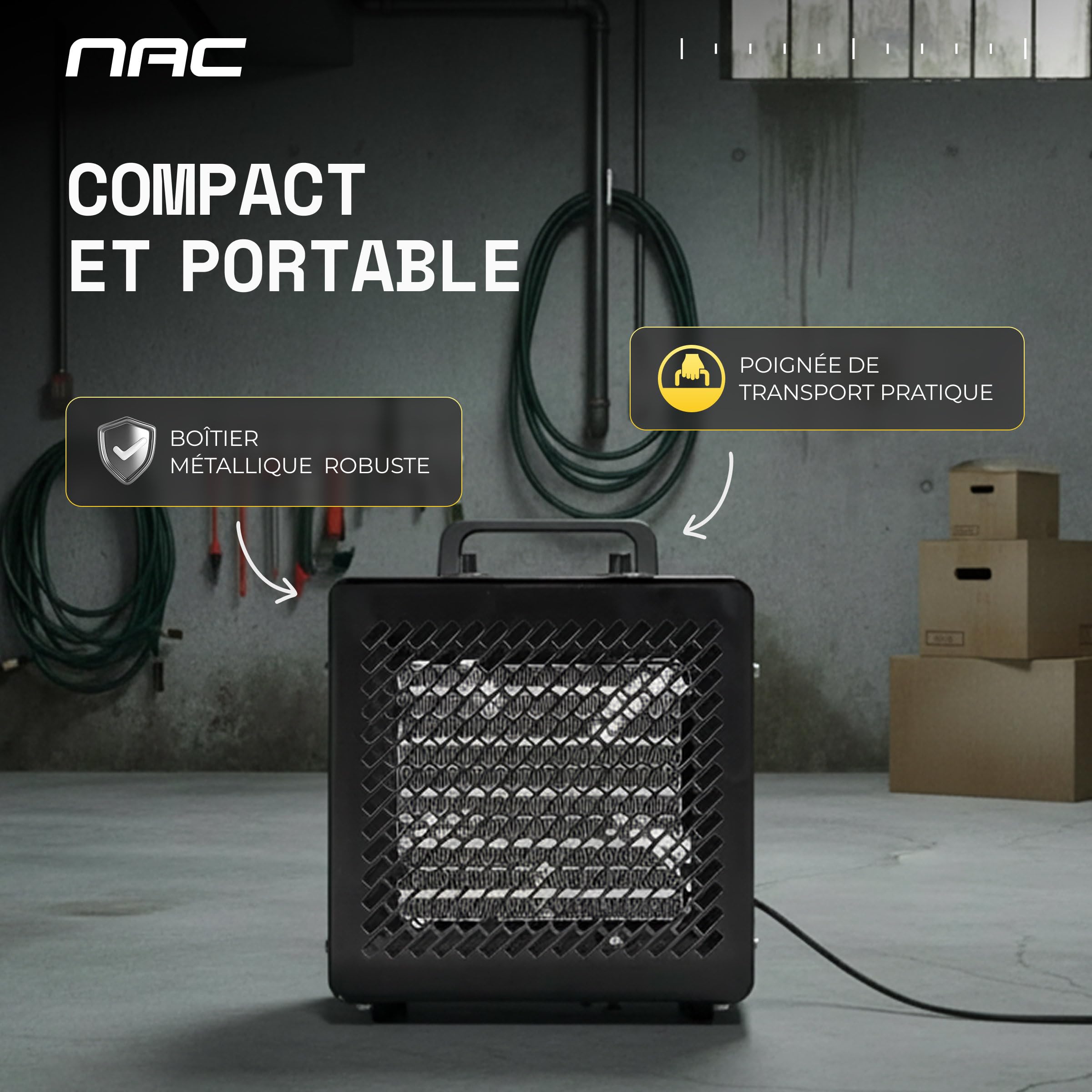 NAC Chauffage Soufflant Electrique 3000W - Radiateur Electrique Mobile avec Thermostat & 3 Niveaux de Chaleur – Chauffage Industriel Céramique pour Garage Atelier Chantier Serre - Canon Air Chaud