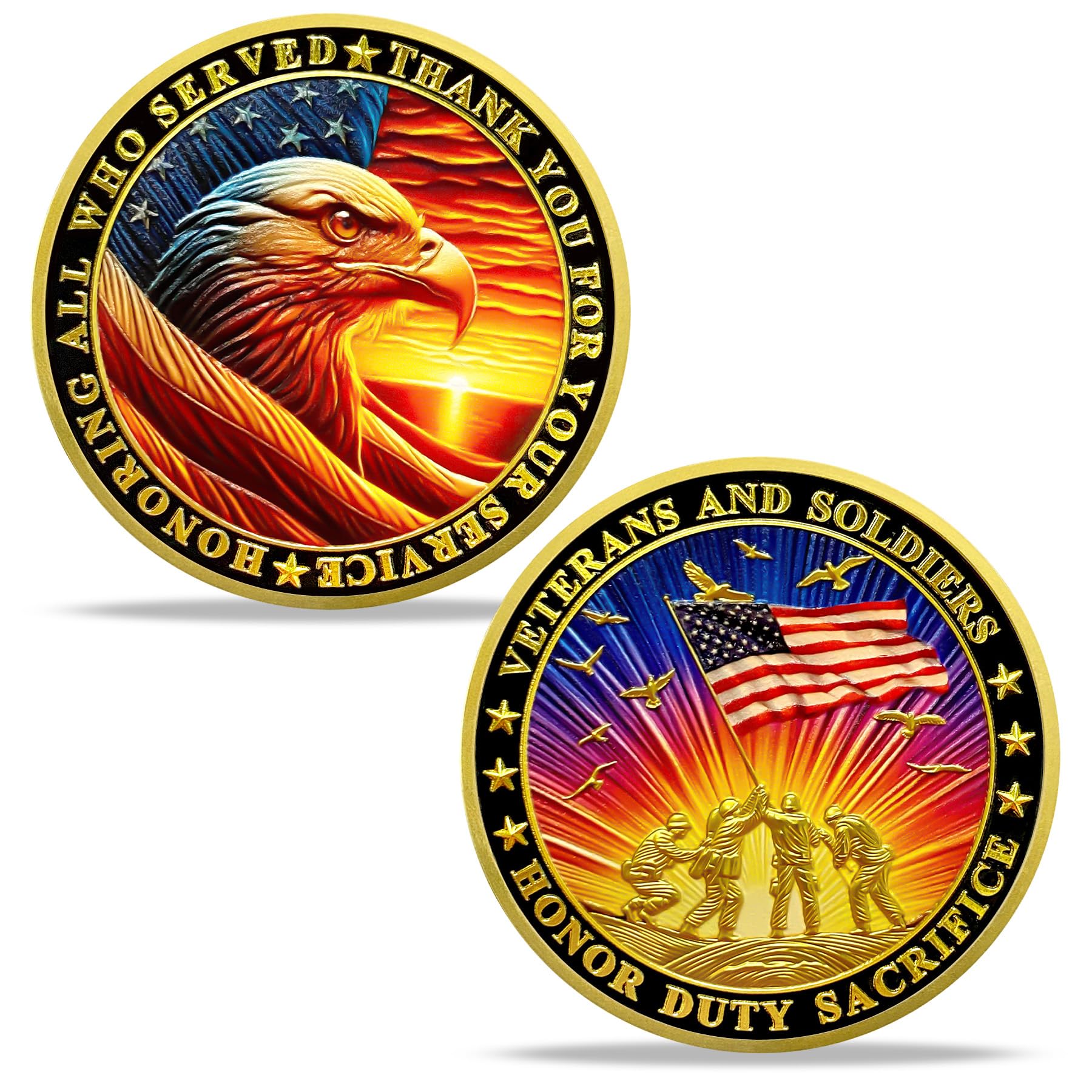 Military Challenge Coin with U.S. Soldiers Standing on Hill, Veterans Coin with Rainbow Eagle & U.S.Flag, Military Appreciation Challenge Coin for