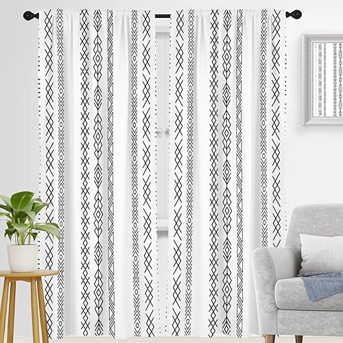 Miniatura 1 de Juego de 2 paneles de cortinas bohemias con diseño geométrico de rayas blancas y negras para ventana, estilo rústico de mediados de siglo, estilo