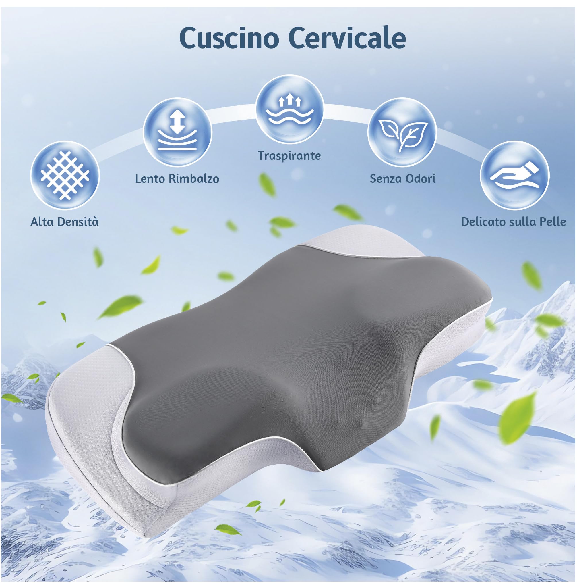 YunNasi Cuscino Cervicale, Ergonomico Cuscino in Memory Foam | per Chi Dorme di Fianco, Sulla Schiena o Sulla Pancia, con Federa Sfoderabile e Lavabile