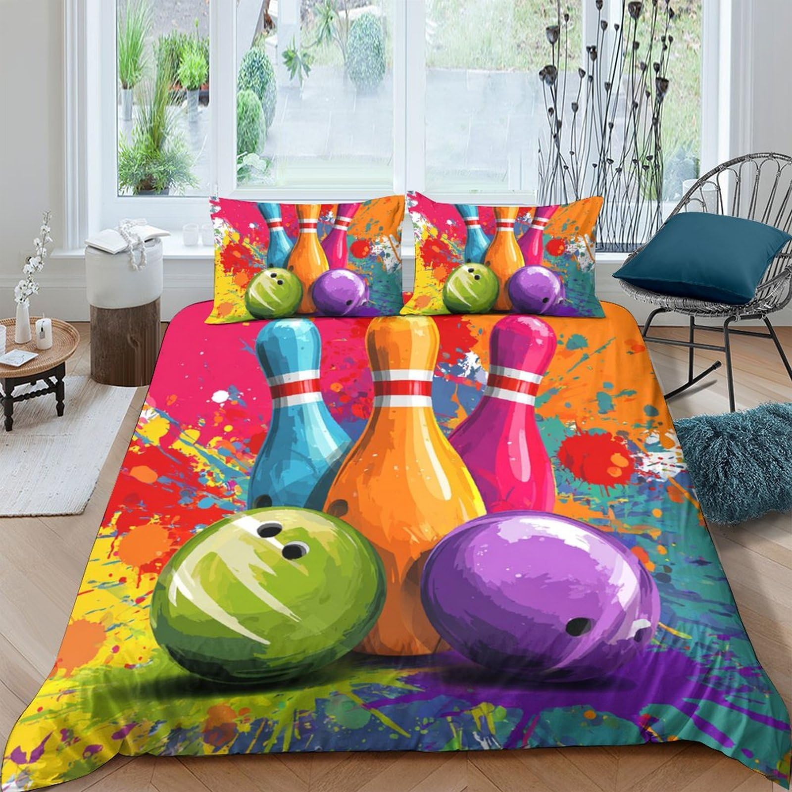Ctjqhvkz Style-5 3D Printed Colorful Bowling Ball Fitted Sheet Microfiber Soft Breathable Bowling Pins Mattress Cover Bedroom Decor Single（135X200cm）