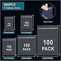 Vista 2 de 500 piezas de bolsas de plástico pequeñas, bolsa pequeña, mini bolsas, bolsa de joyería de plástico transparente, 5 tamaños surtidos, bolsas