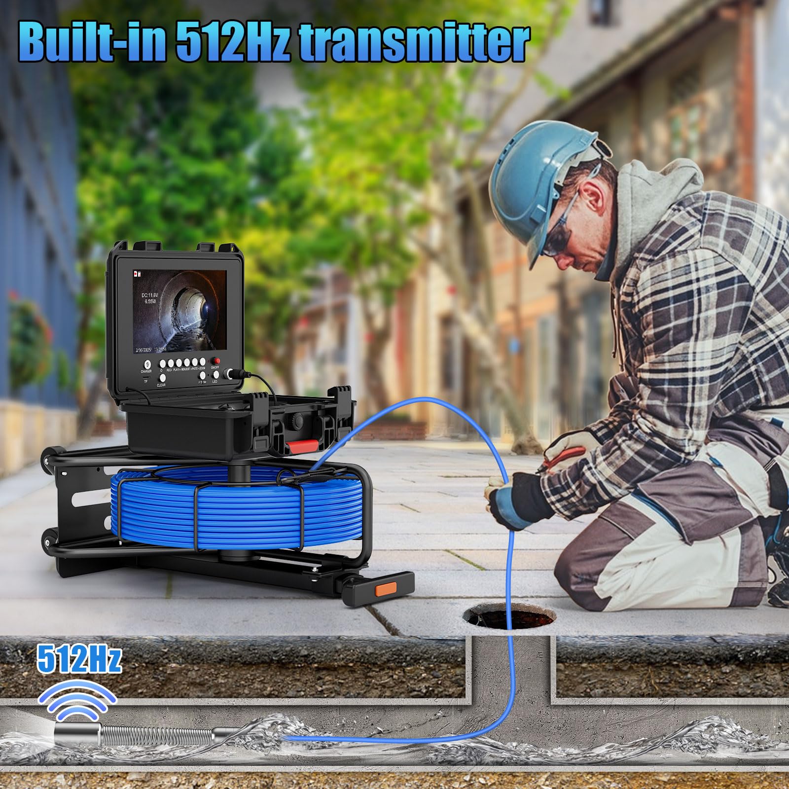 Cámara de alcantarillado con contador de distancia digital, transmisor de 512 Hz, monitor HD 1080P de 9 pulgadas, cámara de fontanería de drenaje, impermeable IP68, cable de 7 mm, tarjeta de