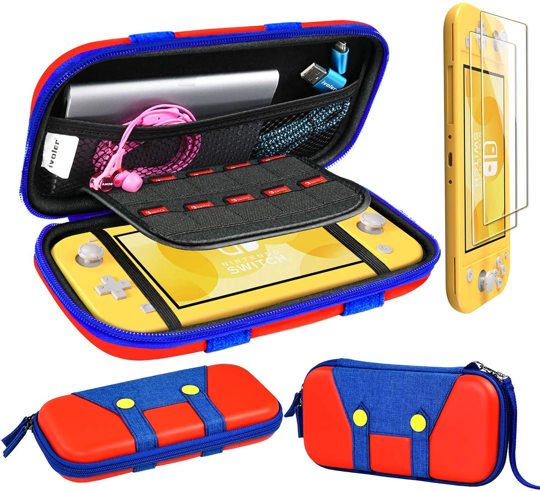 ivoler Carrying Case for Nintendo Switch Lite with 2 Pack Screen Protector, Ultra Slim Portable Hard Shell Pouch Travel Game Bag for Switch Lite Console Accessories Holds 10 Game Cards,red &amp; Blue