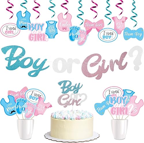 Paquete de 42 decoraciones de fiesta de revelación de género, diseño de remolinos colgantes azules y rosados para niños o niñas, decoración de