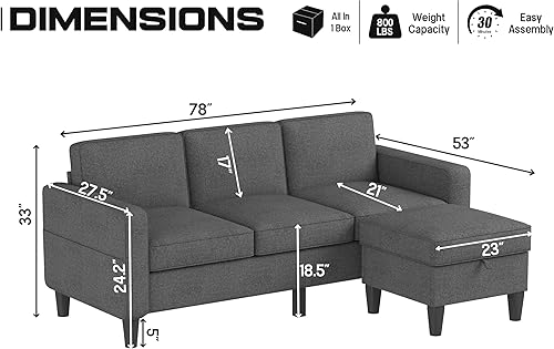 Miniatura 10 de ZeeFu Sofá modular convertible, moderno tapizado de tela de lino beige de 3 asientos en forma de L, juego de muebles con otomana de almacenamiento