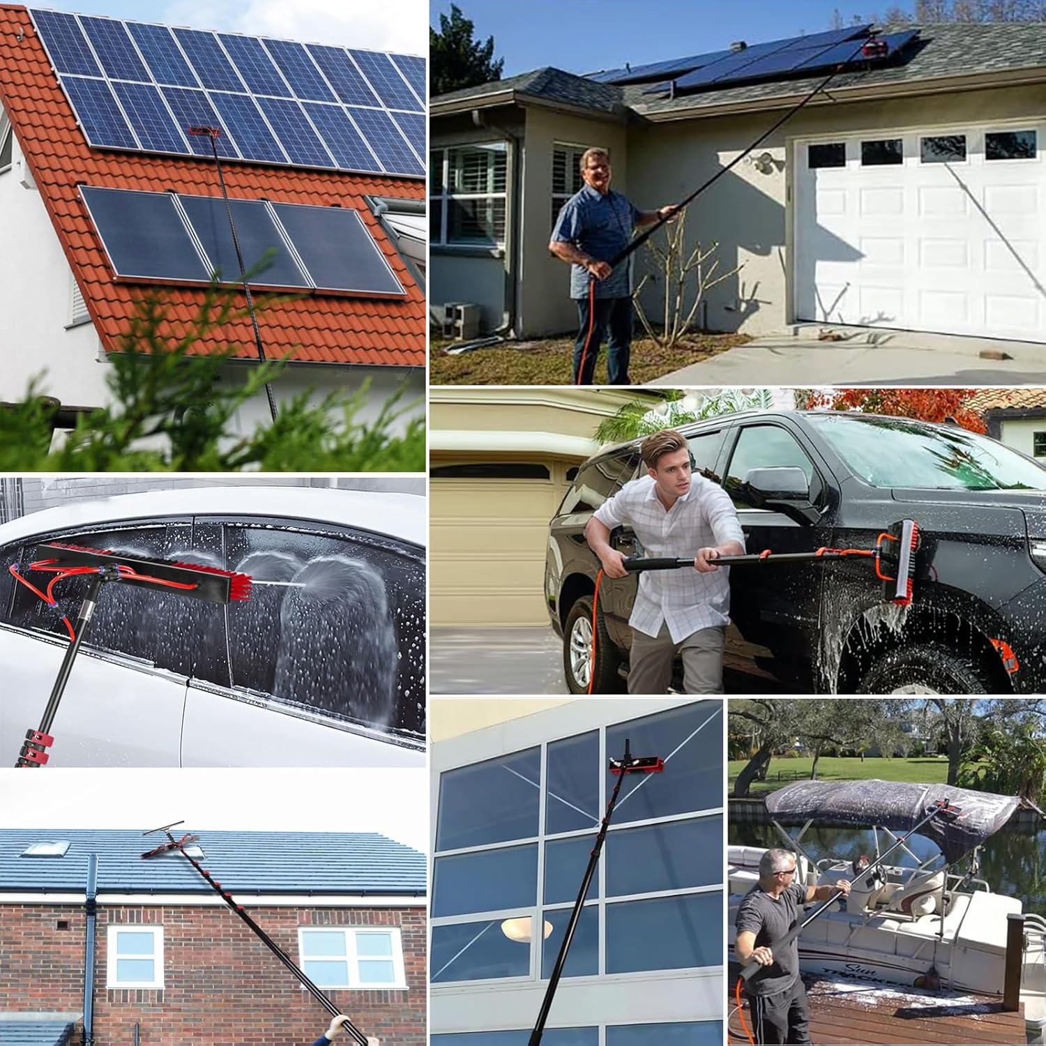 10m Telescopic Washing Brush with Carbon Fiber Extendable Pole for Windows Patios Roofs & Solar Panels - Includes 55cm Brush Squeegee Soap Dispenser for Effortless Cleaning