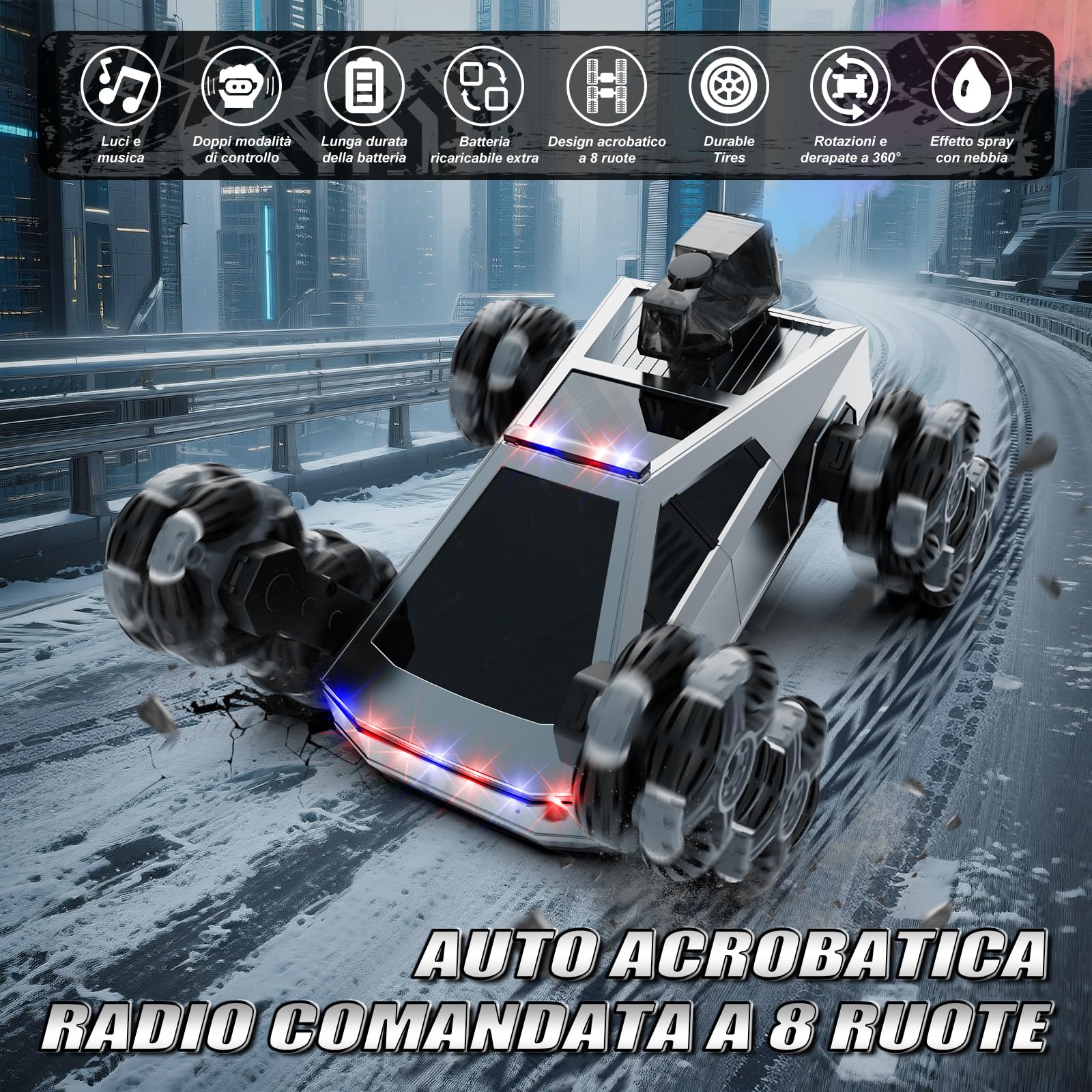 Macchina Telecomandata RC 8 Ruote Acrobatica, Veicolo Fuoristrada con Telecomando & Controllo Manuale, Luci LED, Musica, Spray, Giocattolo Bambini 5-11 Anni, Regalo di Natale per Ragazzi Ragazze