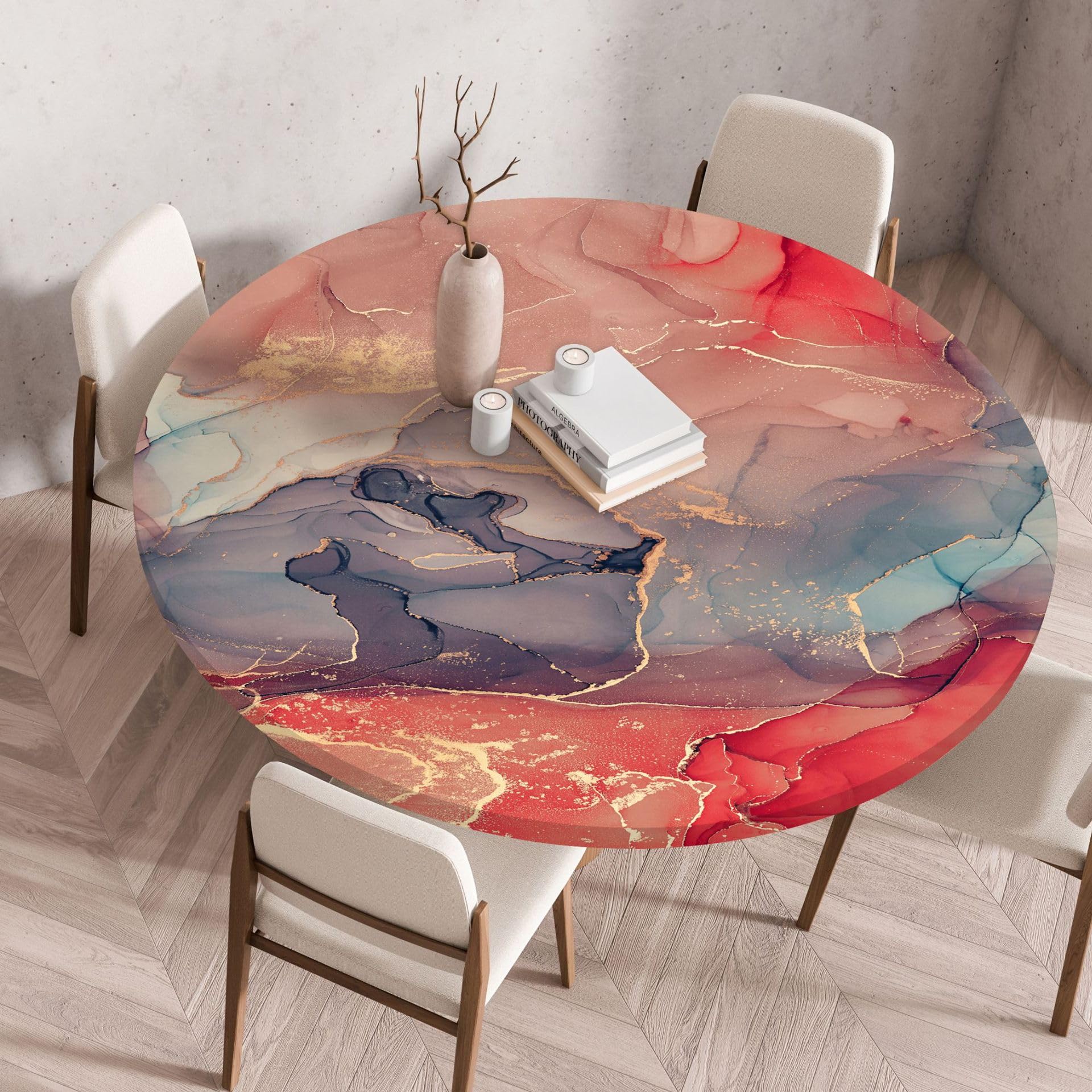 Tischdecke Rund 120 cm Rotgold Marmor Gartentischdecke Wetterfest Elastisch Abwaschbar Runde Tischdecke Outdoor Indoor Wiederverwendbare Table Cloth für Garten Restaurant