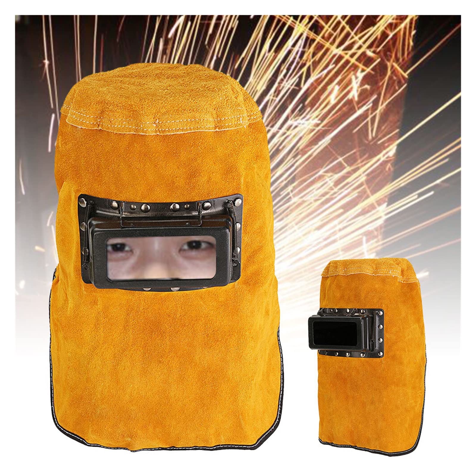 casco de soldadura,máscara de soldadura, Delantal de soldadura de cuero Máscara de soldador -15°-65° Capucha de cuero Conveniente casco de soldadura Proteger el arco de molienda amarillo A prueba de c