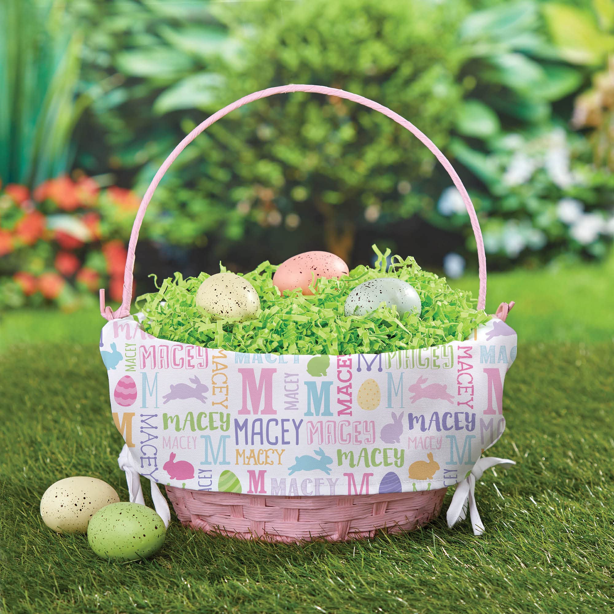 Bunny Name Personalized Easter Egg Basket with Handle and Custom Name | Removable Easter Basket Liners | Pink Basket | Woven Easter Baskets for Kids | Customized Easter Basket