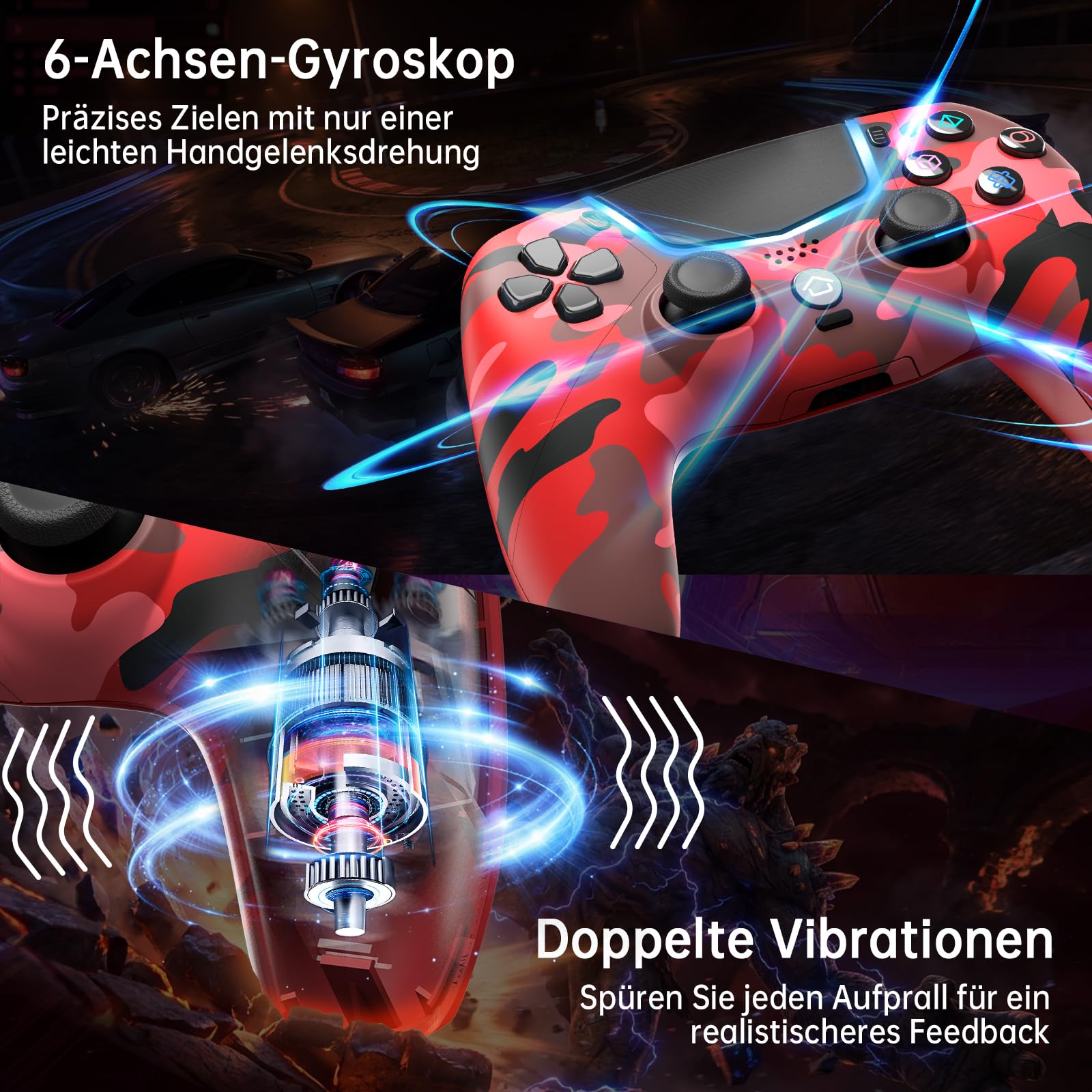 ancihdgm Wireless Controller Kompatibel mit PS-5/Pro/Slim/PC,Ersetzt den PS-5 Controller unterstützt Hall-Effekt-Joysticks/Hall-Triggern/6-Achsen-Gyros/Dual Vibration/Turbo,Rot