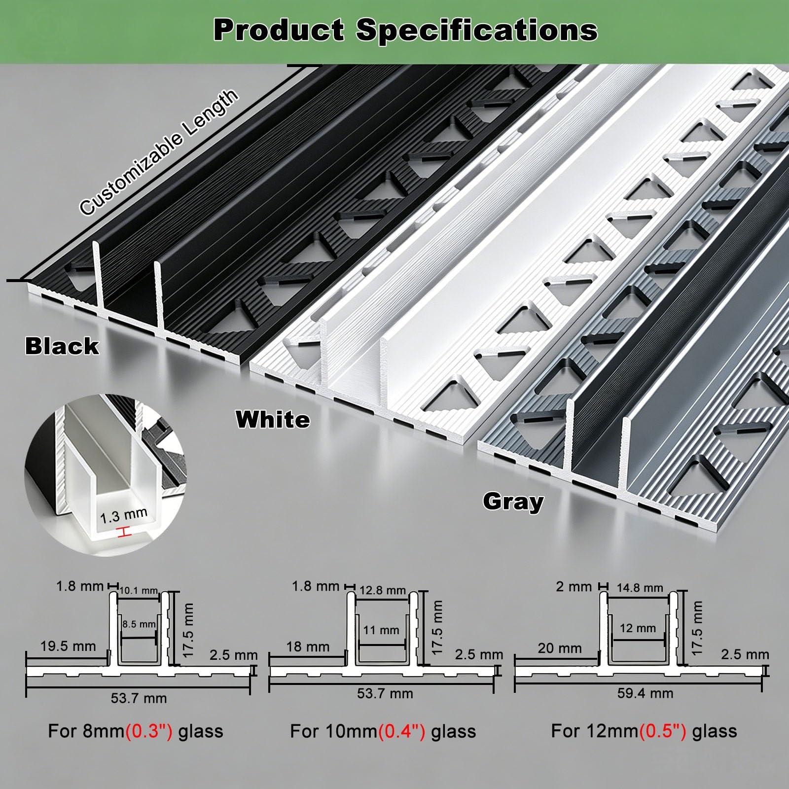 Perfil de aluminio tipo T para mampara de ducha con junta de PVC | Estructura sólida, perfil resistente al óxido e impermeable, canal de sujeción para el cristal(10mm Gray,150cm/59.1")