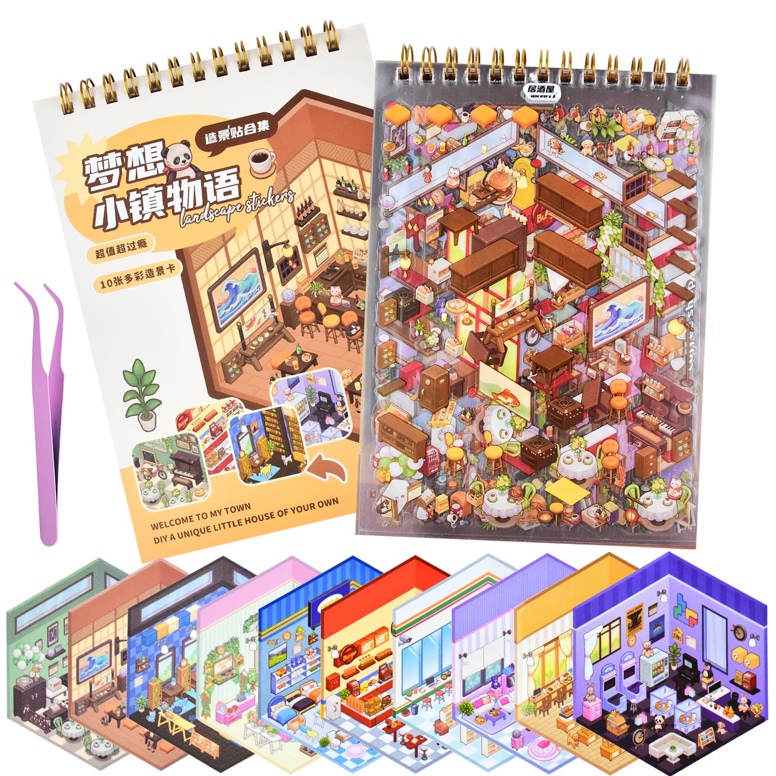 DIY 3D Fun Mini House Scene Stickers Book with Tweezers Make Your Own Coffee Bakery Flower Furniture Burger Shop Sticker Scenes Cute Micro Stickers