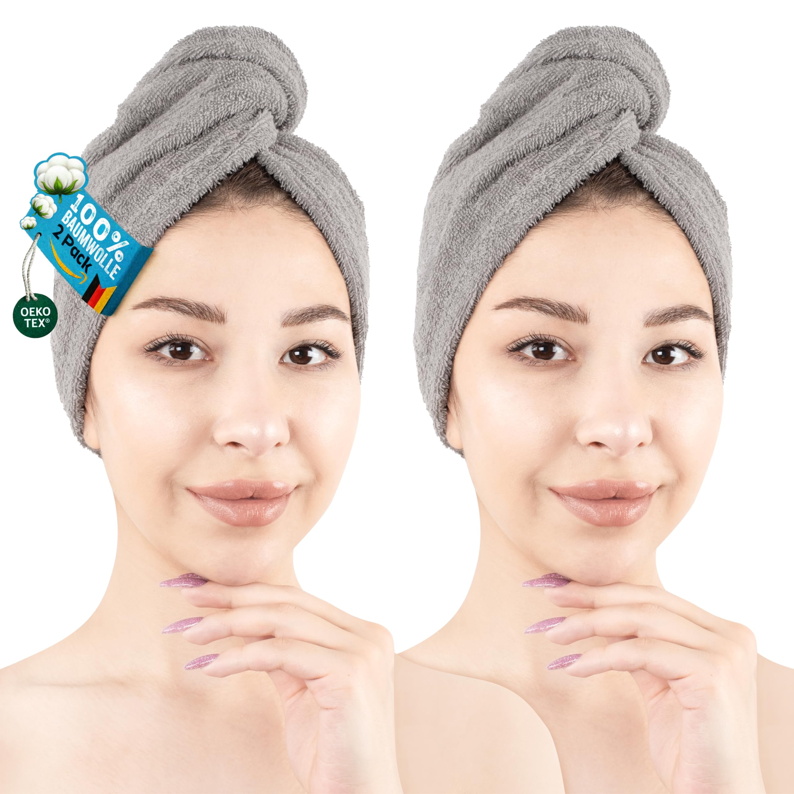 Hammetex Haartuch Damen 2er Set – Haarhandtuch aus 100% Baumwolle – Oeko-TEX Zertifiziert – Weich, Saugstark – Haarturban mit Knopf, Hellgrau