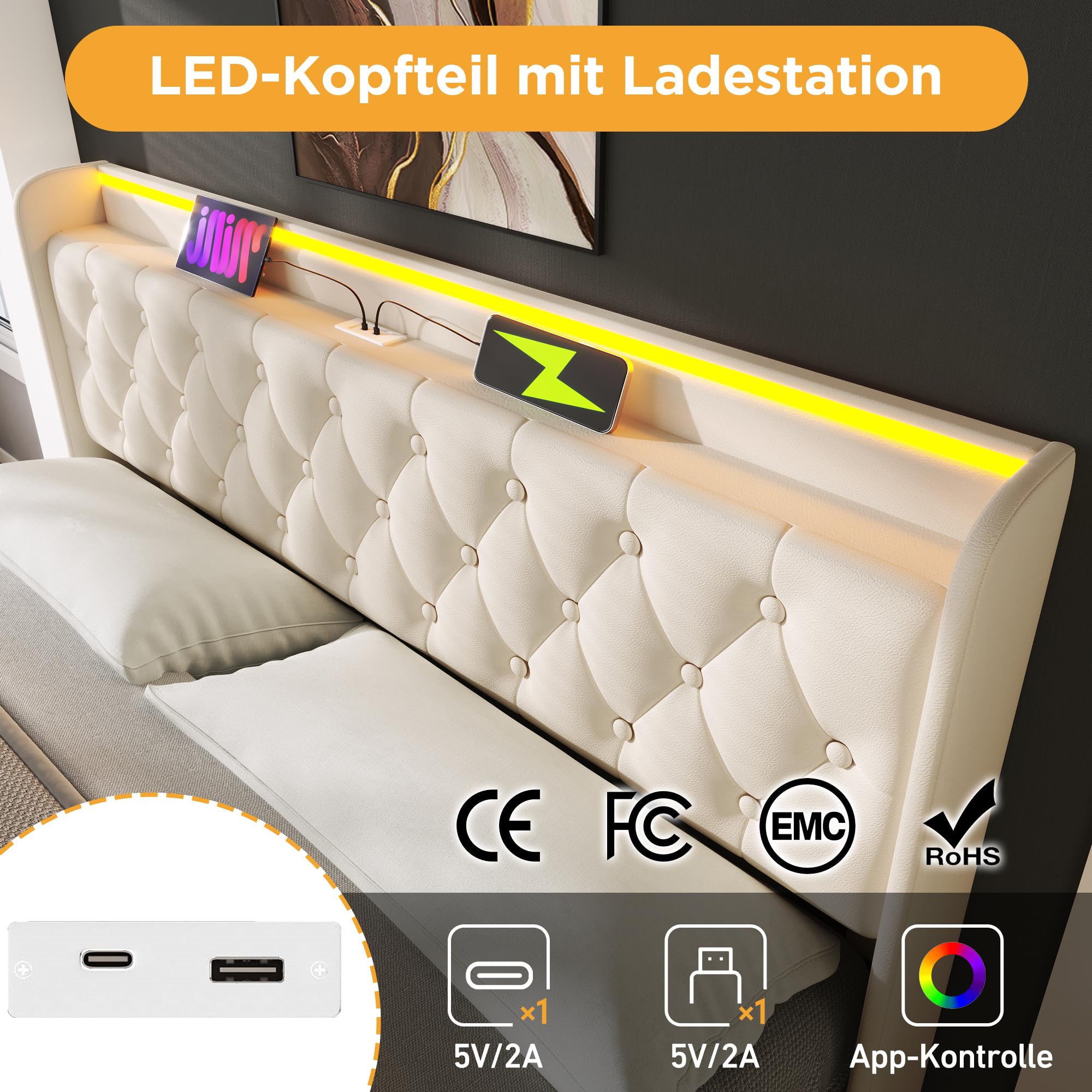 LINKHOO lit rembourré double, fonction LED surround 360, bouton-poussoir/application/télécommande,140*200 cm, matériau PU blanc Lit de camp hydraulique,avec fonction de charge USB Type-C(sans matelas)