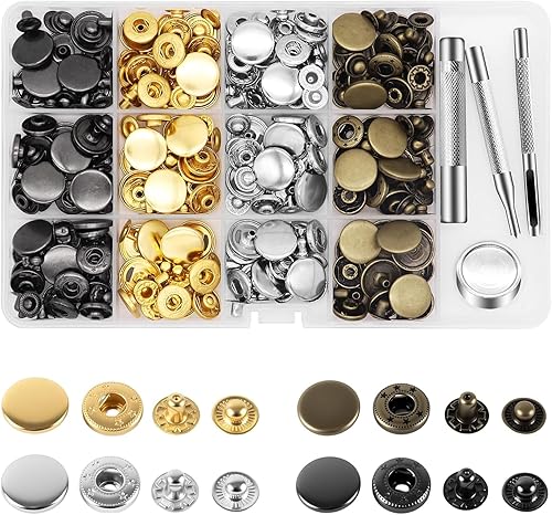 Alritz Kit de cierres a presión de cuero de 0.67 pulgadas, 72 botones de metal con 4 herramientas de ajuste, broches de cuero de 6 colores para