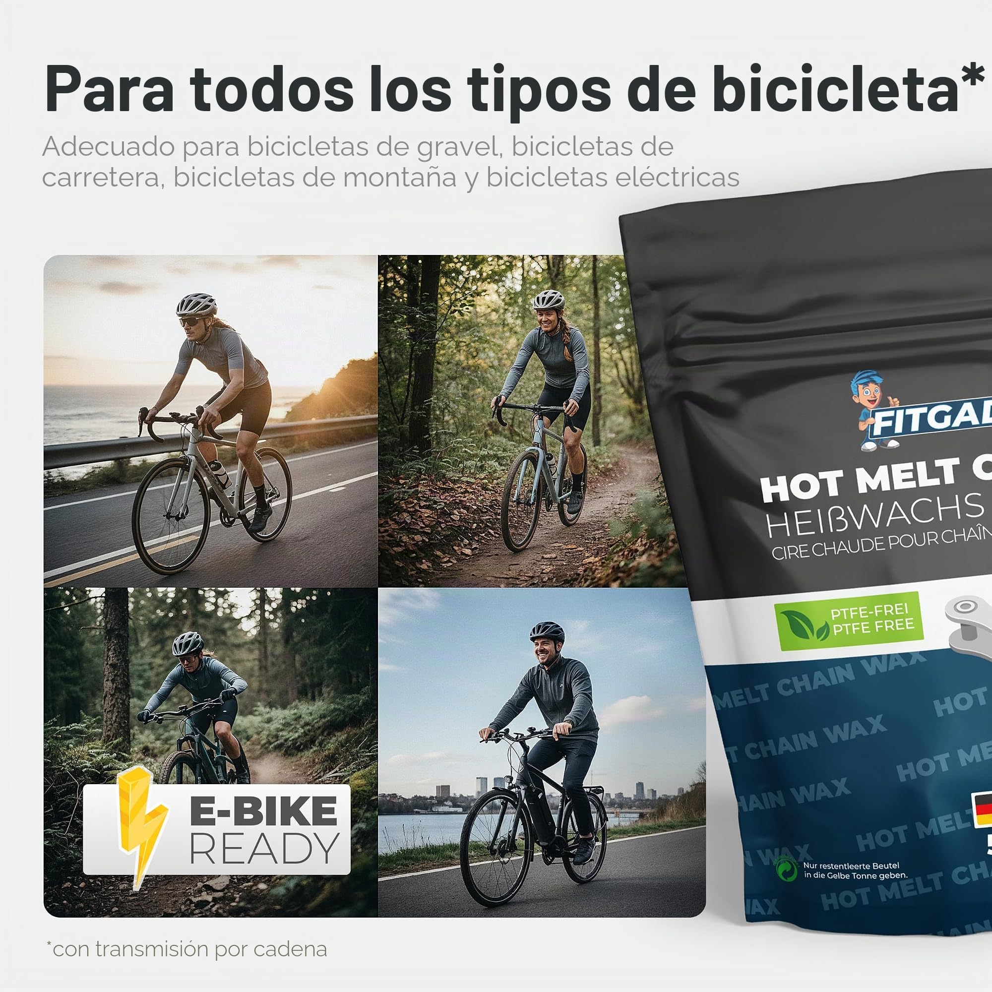 OH3 Fitgadgets Cera caliente para cadena de bicicleta, 500 g, pellets – Hot Melt Chain Wax con grafito y sulfuro de tungsteno, lubricante de cera para bicicleta de carretera, MTB y Gravel – Fabricado