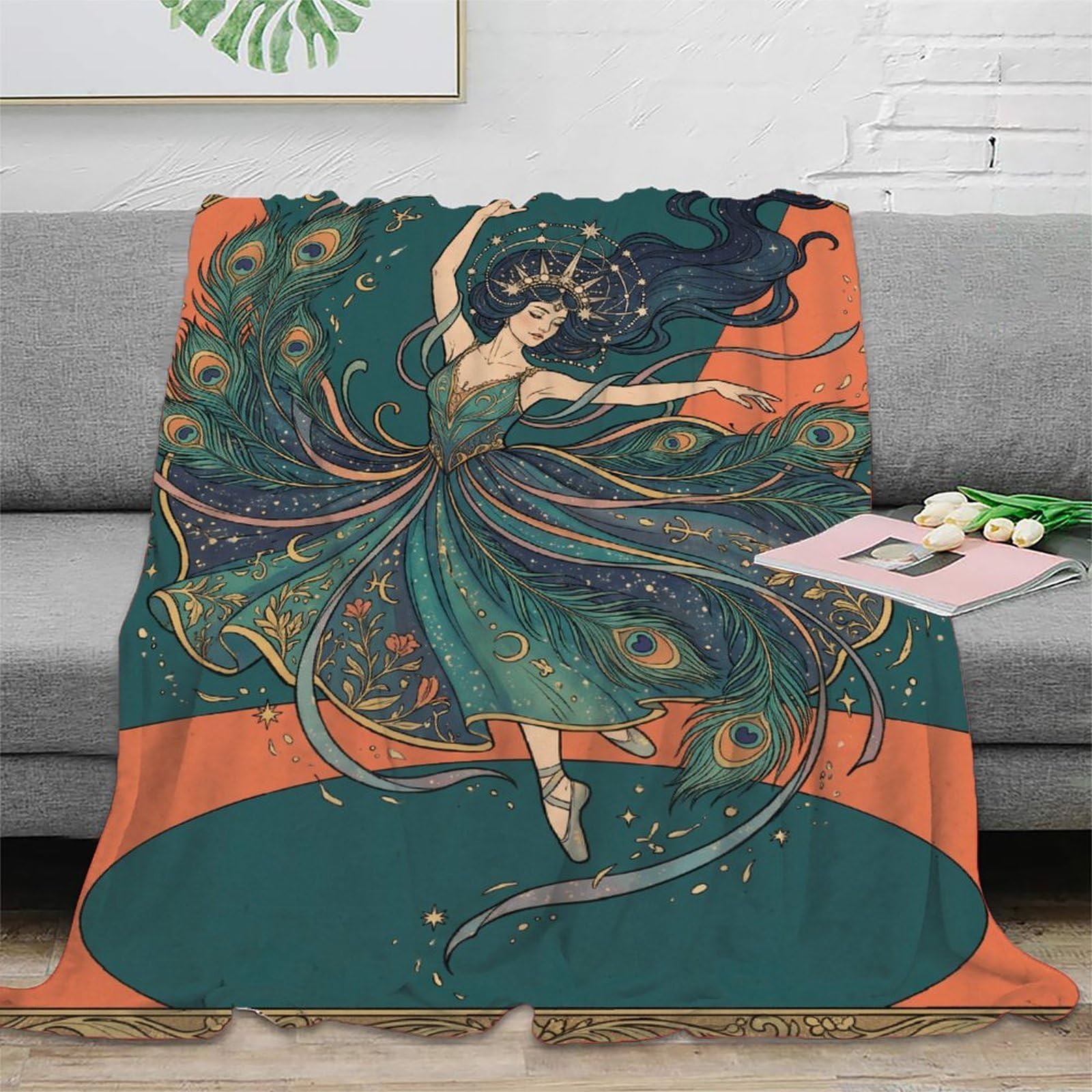 W7C8U2X3 Peacock Dancer Art Nouveau Blanket, Flannel, Ornamental Bird Art