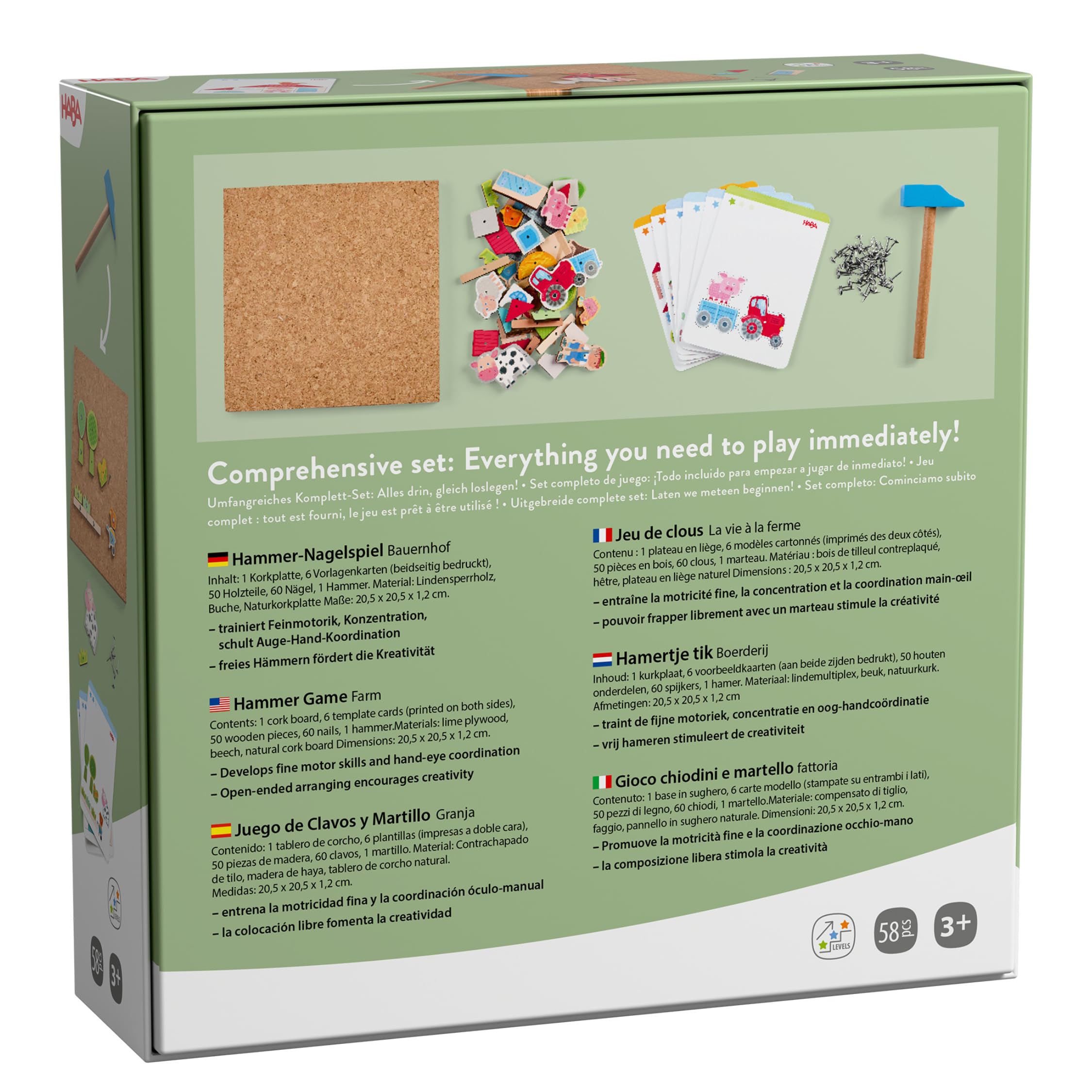 HABA Hammer-Nagelspiel: Bauernhof – Holzspielzeug mit Hammer und Nägel für Kinder ab 3 Jahren – Kreativspielzeug mit Korkplatte & Vorlagen – 2013378001