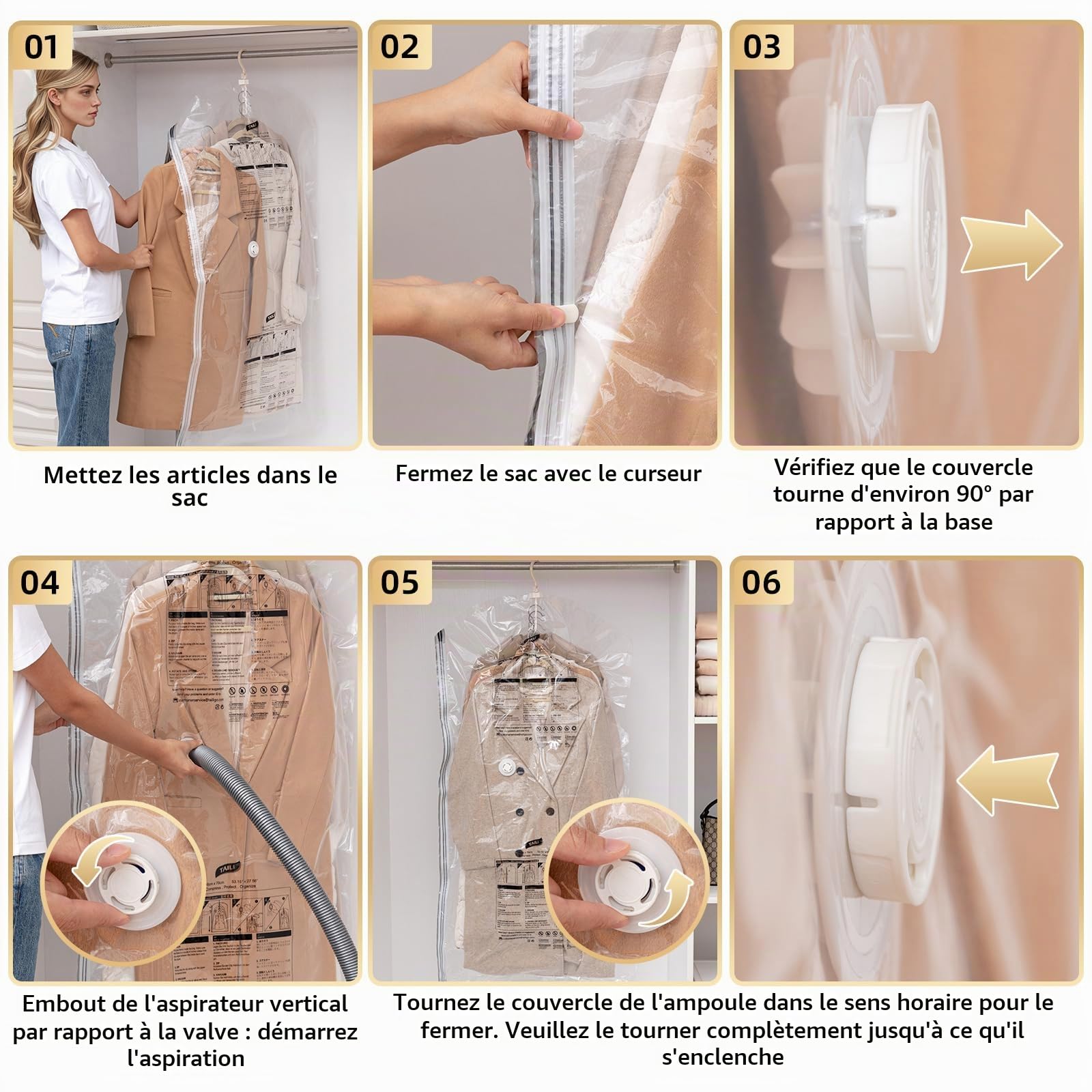 TAILI Sacs de Rangement sous Vide Suspendus pour vêtements, 6 paquets (105x70cm), Housse sous Vide pour costumes, manteaux, vestes, organisateur de placard Sacs à Suspendre