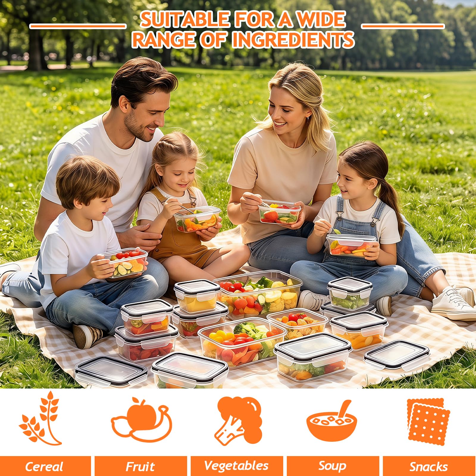 48 recipientes de almacenamiento de alimentos con tapas (24 recipientes y 24 tapas), recipientes de plástico reutilizables para almacenamiento y organización de cocina, recipiente de