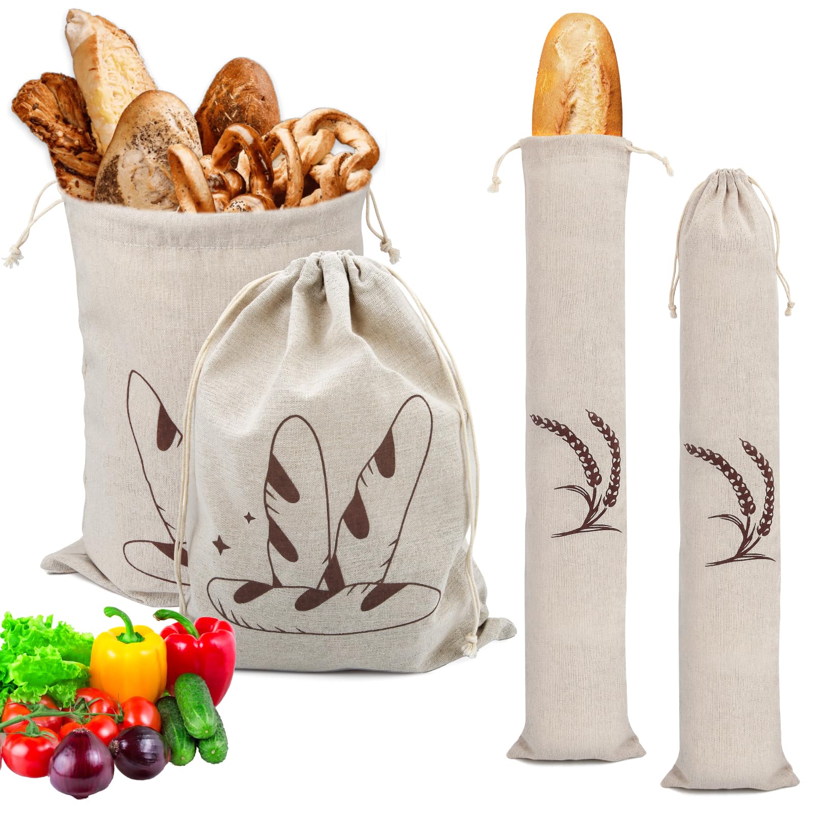 4 Stück Brotbeutel Wiederverwendbare Leinen Brotbeutel mit Kordelzug Brotsack zum Frischhalten Baguette Tasche Brot Aufbewahrung Brot Backen für Baguette Brotsack Obst Brot Gemüse(39×29cm/64×14.5cm) Küche, Haushalt & Wohnen