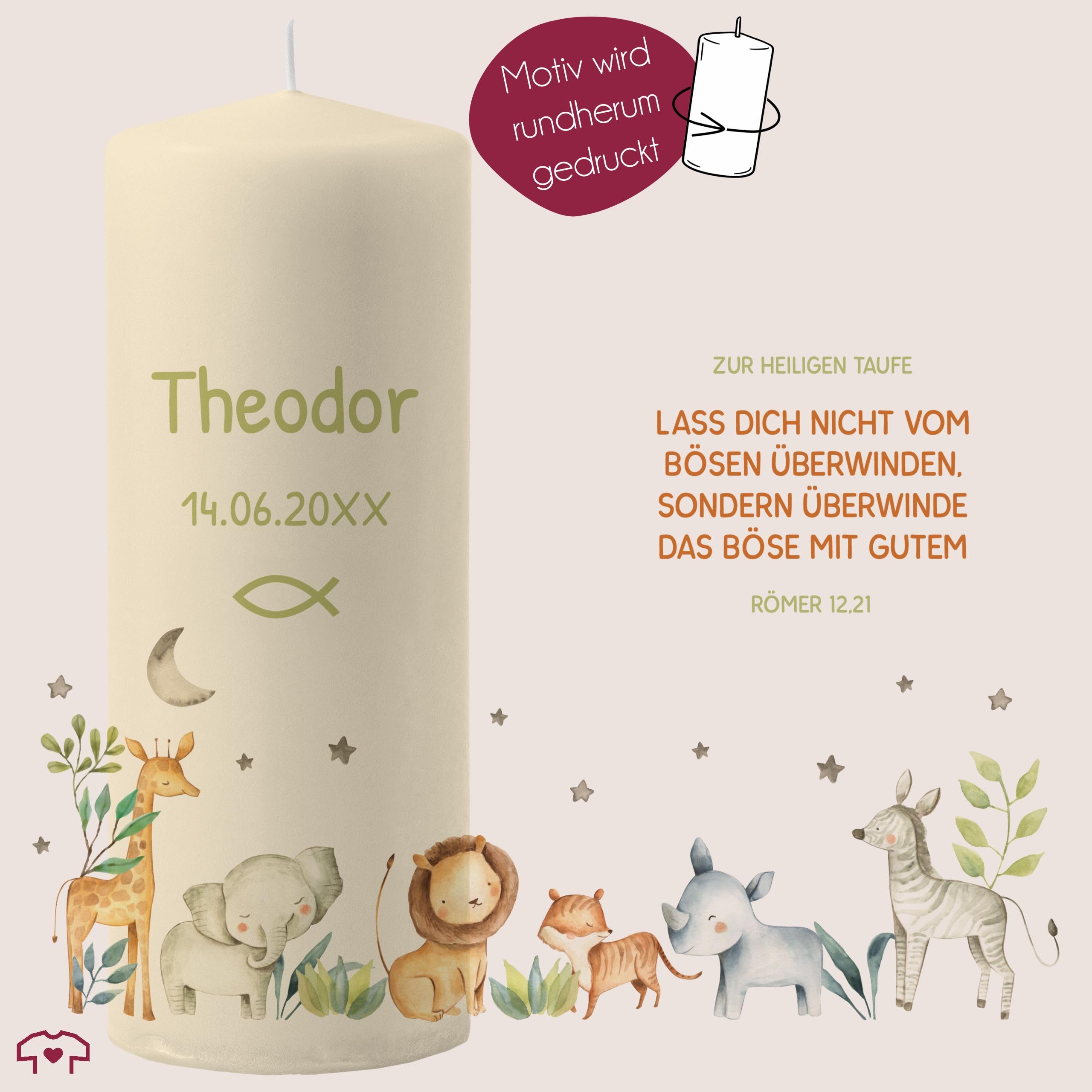 Taufkerze - Zur heiligen Taufe Safari Tiere mit Datum und Name - Taufgeschenk personalisiert - 230/78 mm - Elfenbein