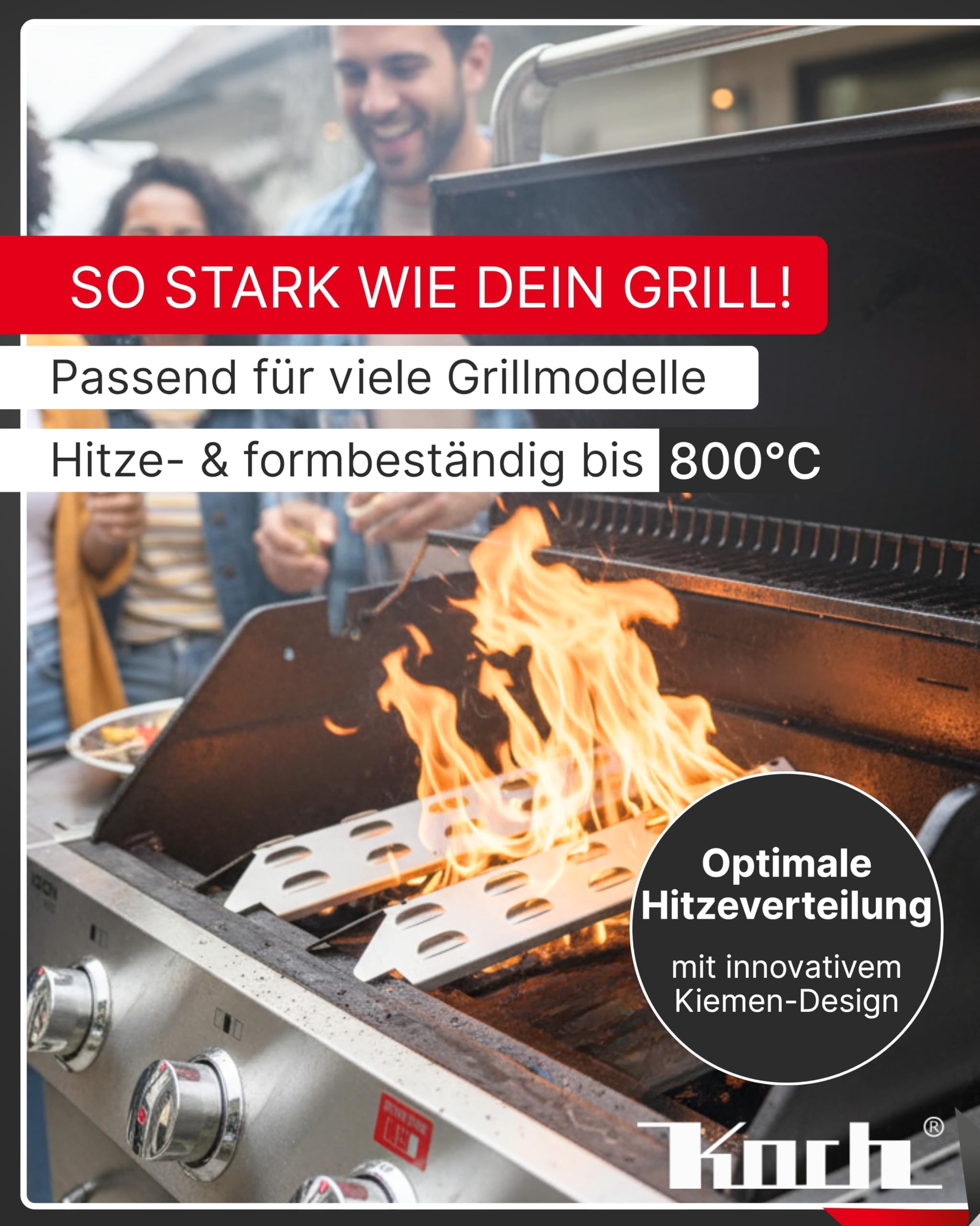 Koch #15 Rostfreier Flammenverteiler 440 x 180mm für Gasgrill - Tischgrill Flammenblech zB für Hornbach Gasgrill 2 Brenner, Mahto, Abington - massiver Edelstahl Stärke 1,25mm 900g