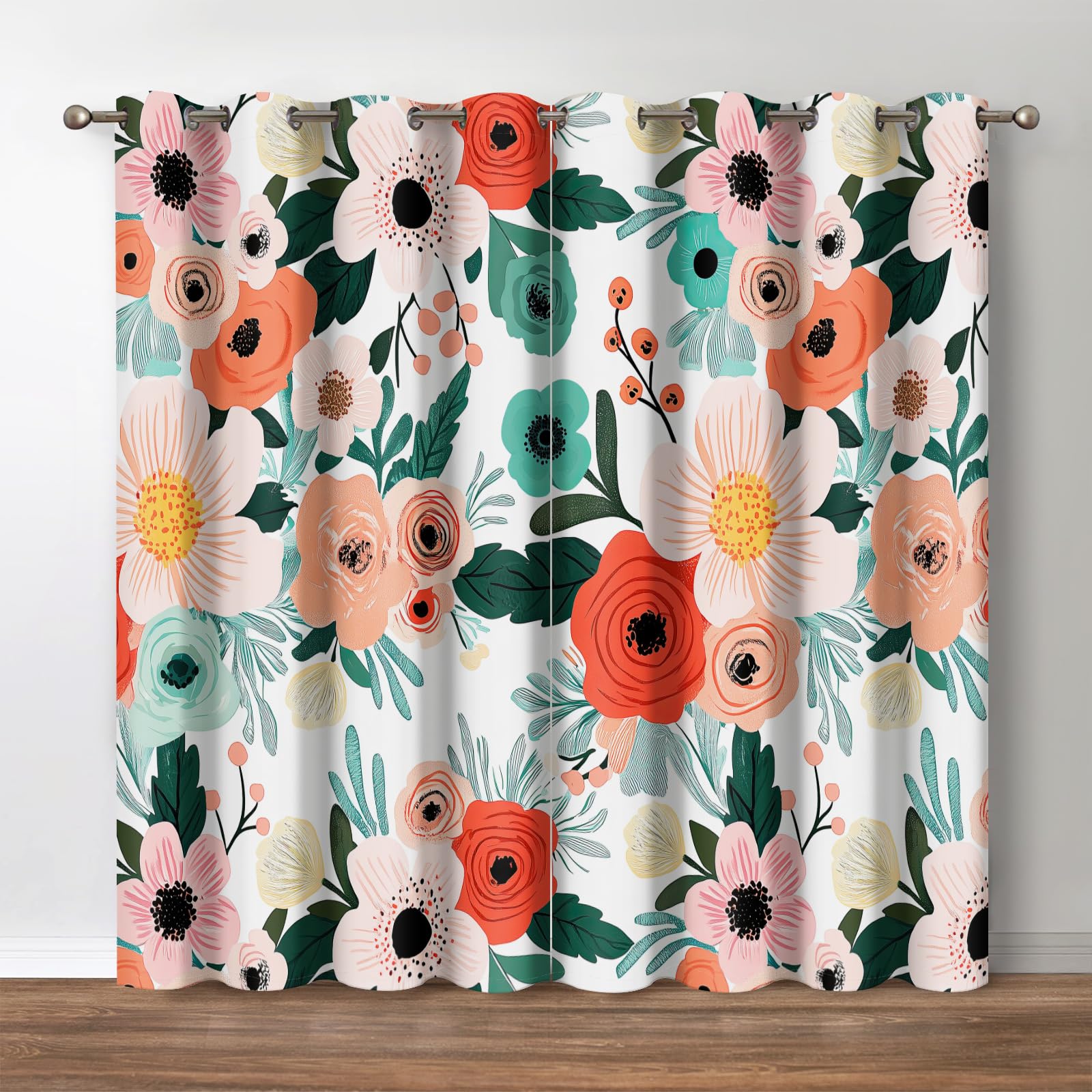 Jekeno Floral Blackout Curtains Spring Colorful Flower Green Leaves Decor Home Bedroom Living Room Darkening Grommet Window Drapes 2 Panel Set, 42"x84