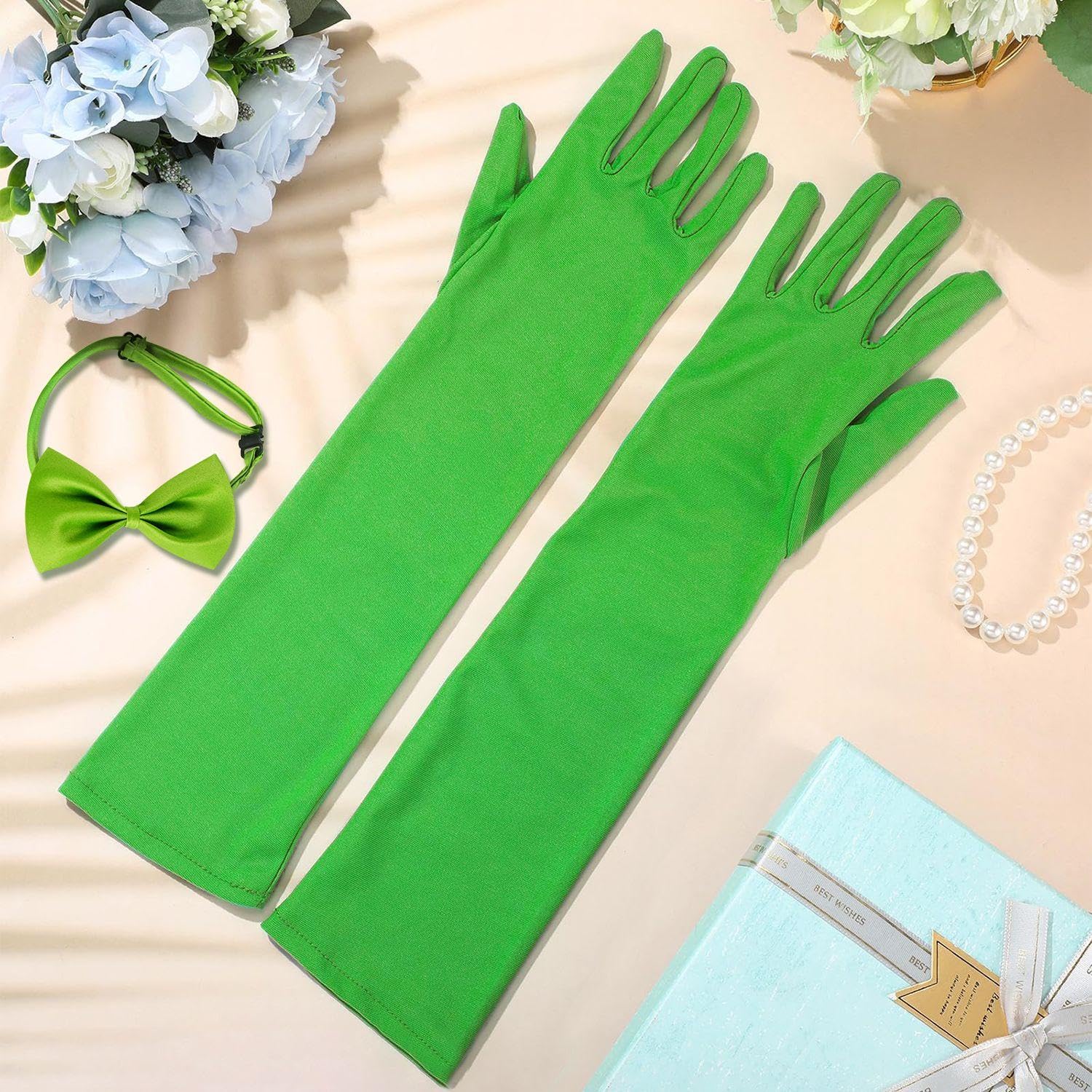 TVSVKWE 1 Pair Of Green Long Gloves, 1 Piece Bow Tie, Neon Fashion Gloves, Adjustable Bow Tie, Party Clothing Accessories - Image 3