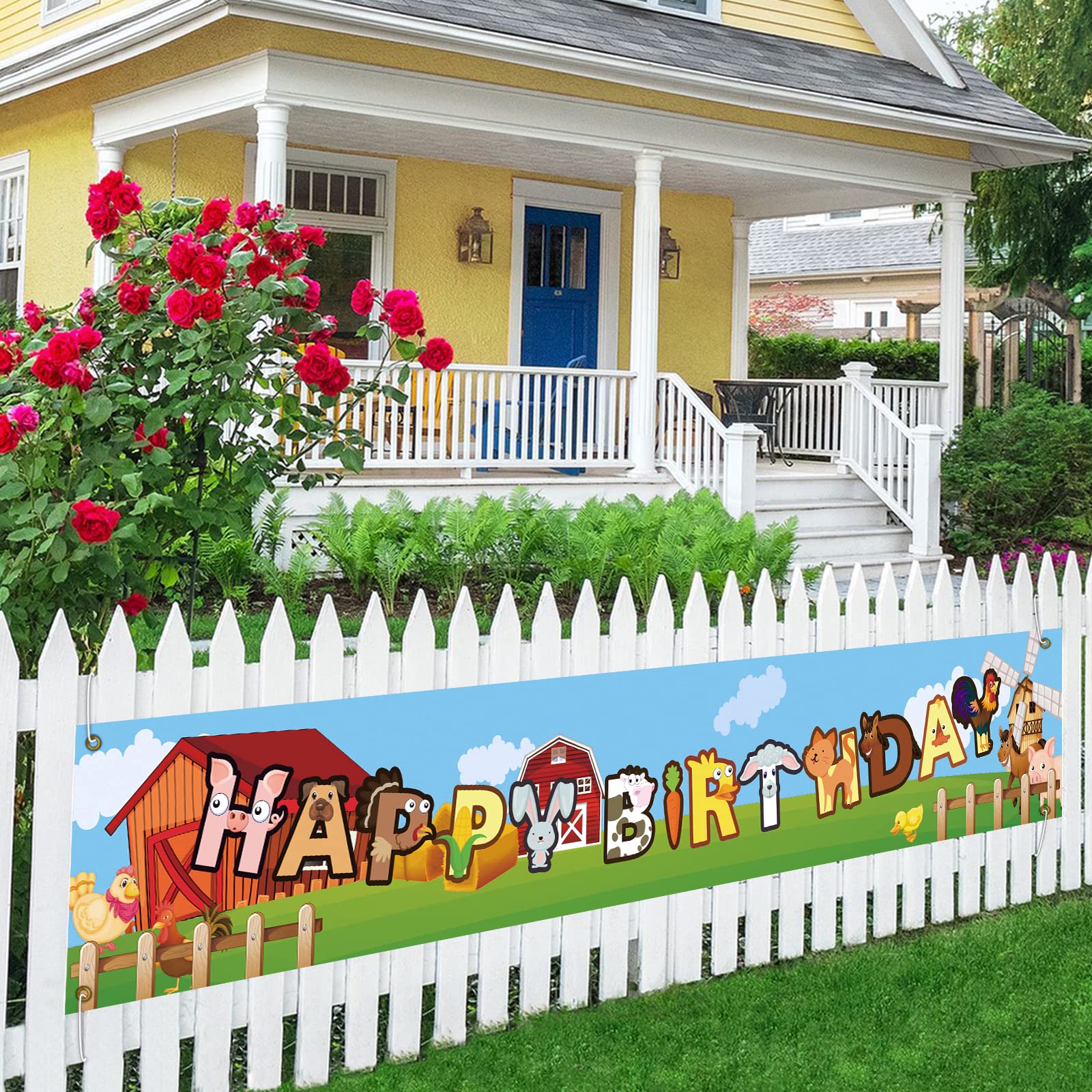 Farm Animals Theme Birthday Banner Happy Birthday Banner for Boys Girls Farm Animals Birthday Baby Shower Party Decoration,Outdoor & Indoor Birthday Banner,Birthday Sign Backdrop 9.8x1.6 Feet
