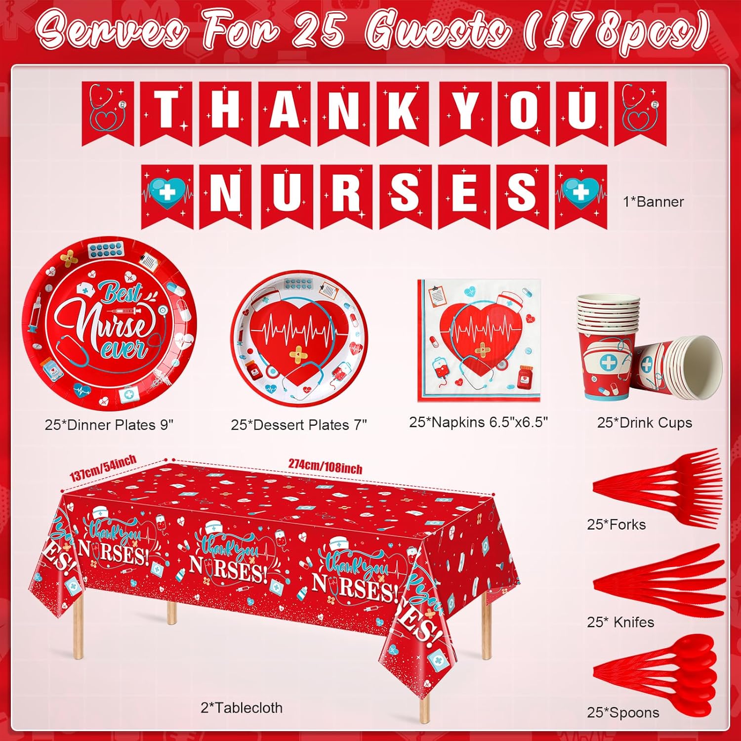 178Pcs Nurse Graduation Nurses Week party supplies Set,Disposable Thank You Nurse Party Supplies Set Include Plates, Napkins, Cup, Knife, Fork and Spoon for Nurse Party Decorations, Serve 25 Guest
