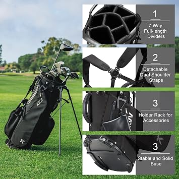 KVV Lightweight Golf Stand Bag with 7 Way Full-Length Dividers, 5 Zippered Pockets, Automatically Adjustable Dual Straps,Elegant Design