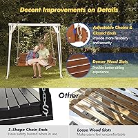 Vista 3 de VINGLI - Columpio de madera mejorado para patio, jardín y porche, silla columpio de alta resistencia de 880 libras con cadenas colgantes para Marrón