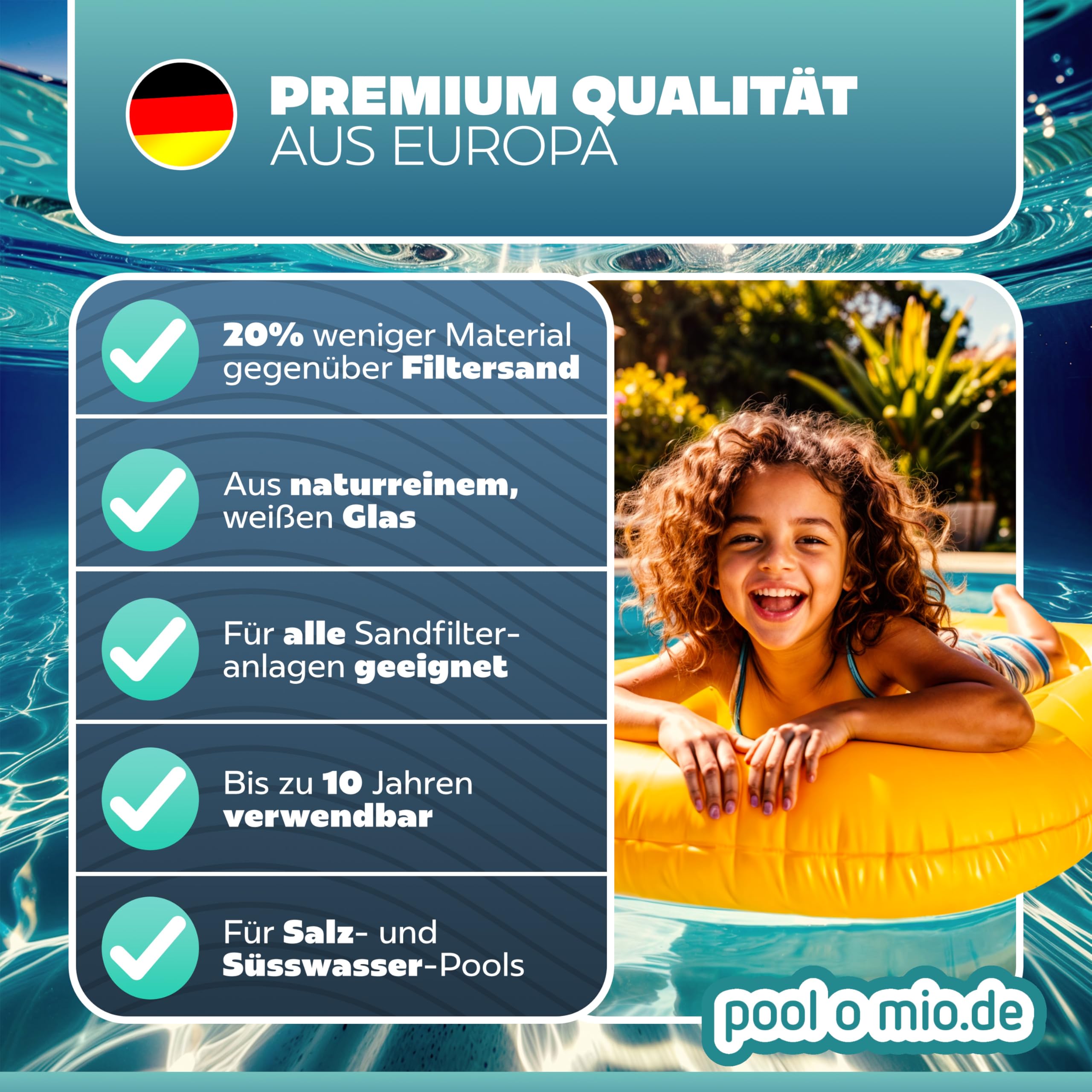 poolomio Nature Works Hi-Tech Filterglas (20 kg) für Pool-Sandfilteranlagen, aus naturreinem Glas, kristallweiß, umweltschonende Alternative zu Sand, Ø Körnung: 0,8 mm