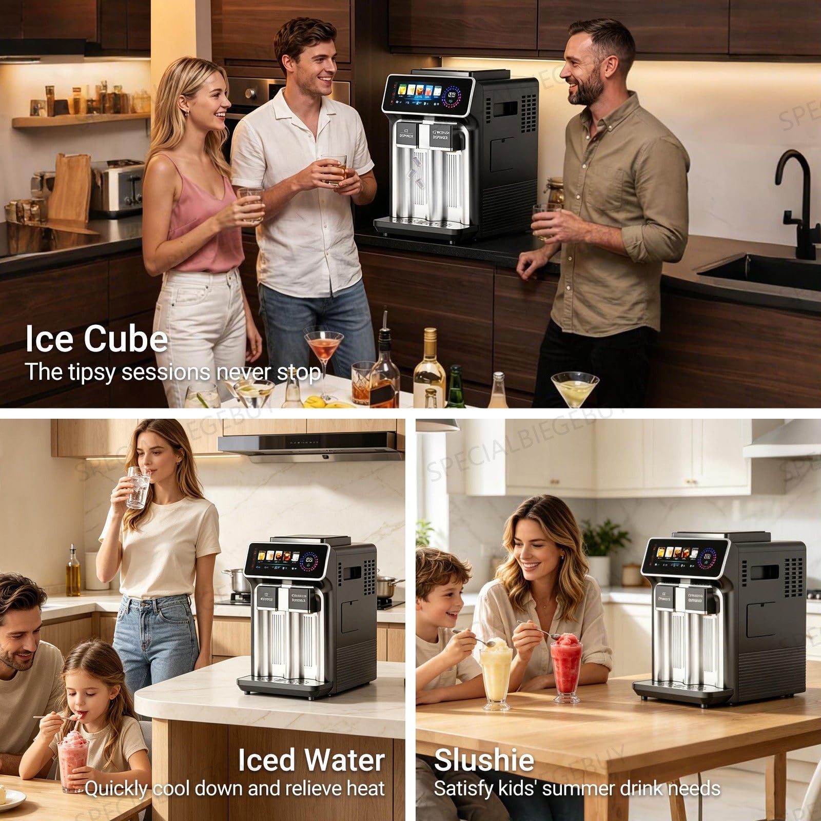 3-En-1 Dispensador De Agua con Fabricador De Hielo Máquina Gray | Autolimpiante, 1KG Almacenamiento, Hielo Nugget Encimera Hogar, Hielo Bala Y Tritado, Agua Fría, 15KG/24H, 12 Cubitos/6Min