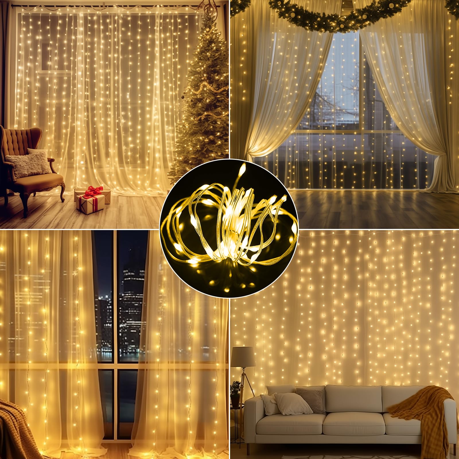 GCMacau Luci Esterne Tenda Batteria Colorata, 3mx3m Tenda Luminosa 8 Modi LED Fairy Lights con 10 Ganci Telecomando Timer Luminosità Regolabile per San Valentino Festa Decorazione Interna ed Esterna.