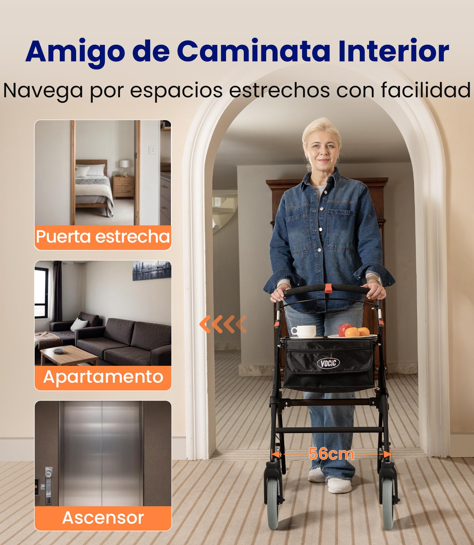VOCIC Andador estrecho para apartamentos, plegable y ligero, estable con carril, neumáticos antideslizantes silenciosos, para personas mayores, plegables, con bandeja, color negro
