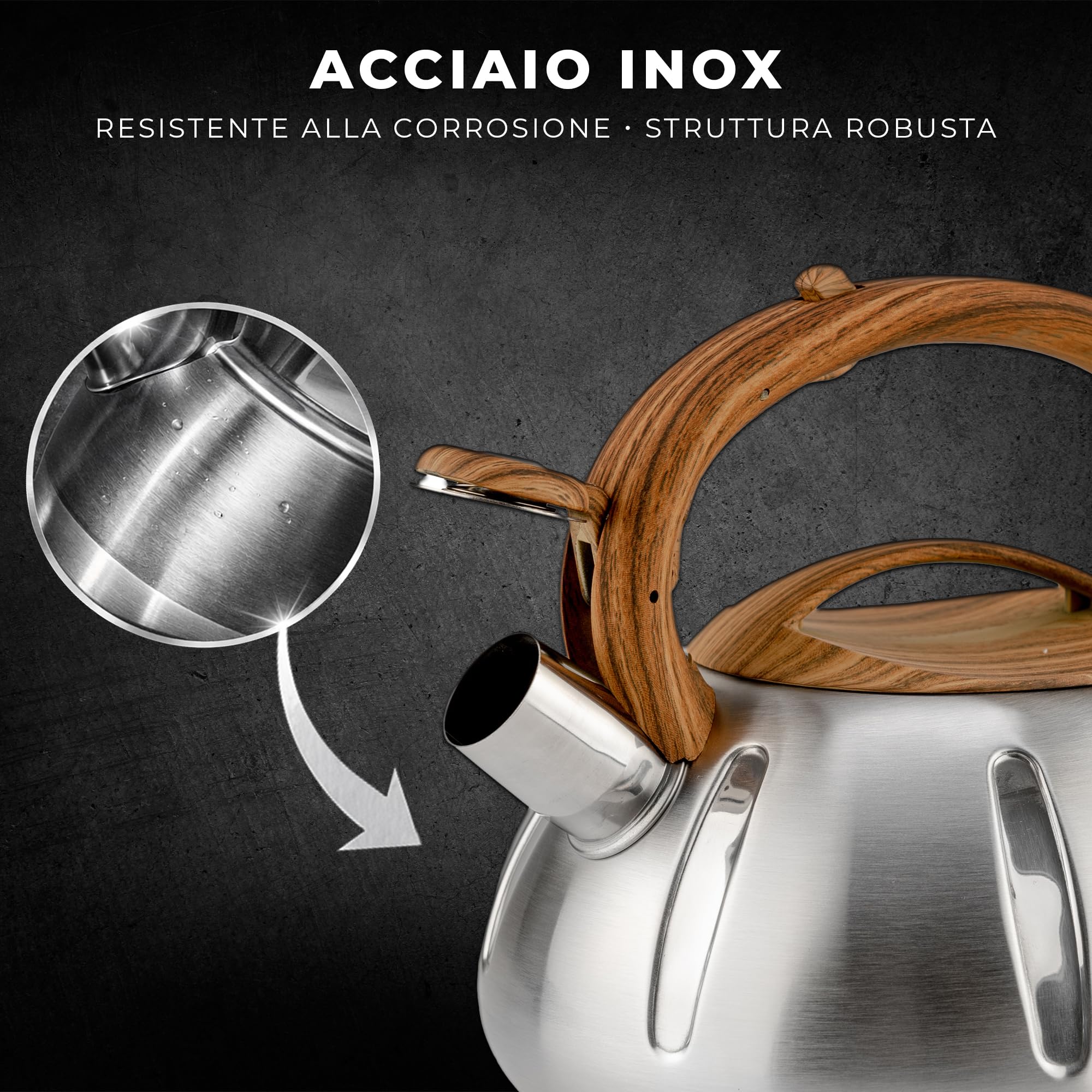 KARL HAUSMANN Bollitore Induzione 3L Acciaio Inox con Fischio - Teiera per Piano a Gas, Vetroceramica ed Elettrico - Bollitore Acqua Cucina con Coperchio