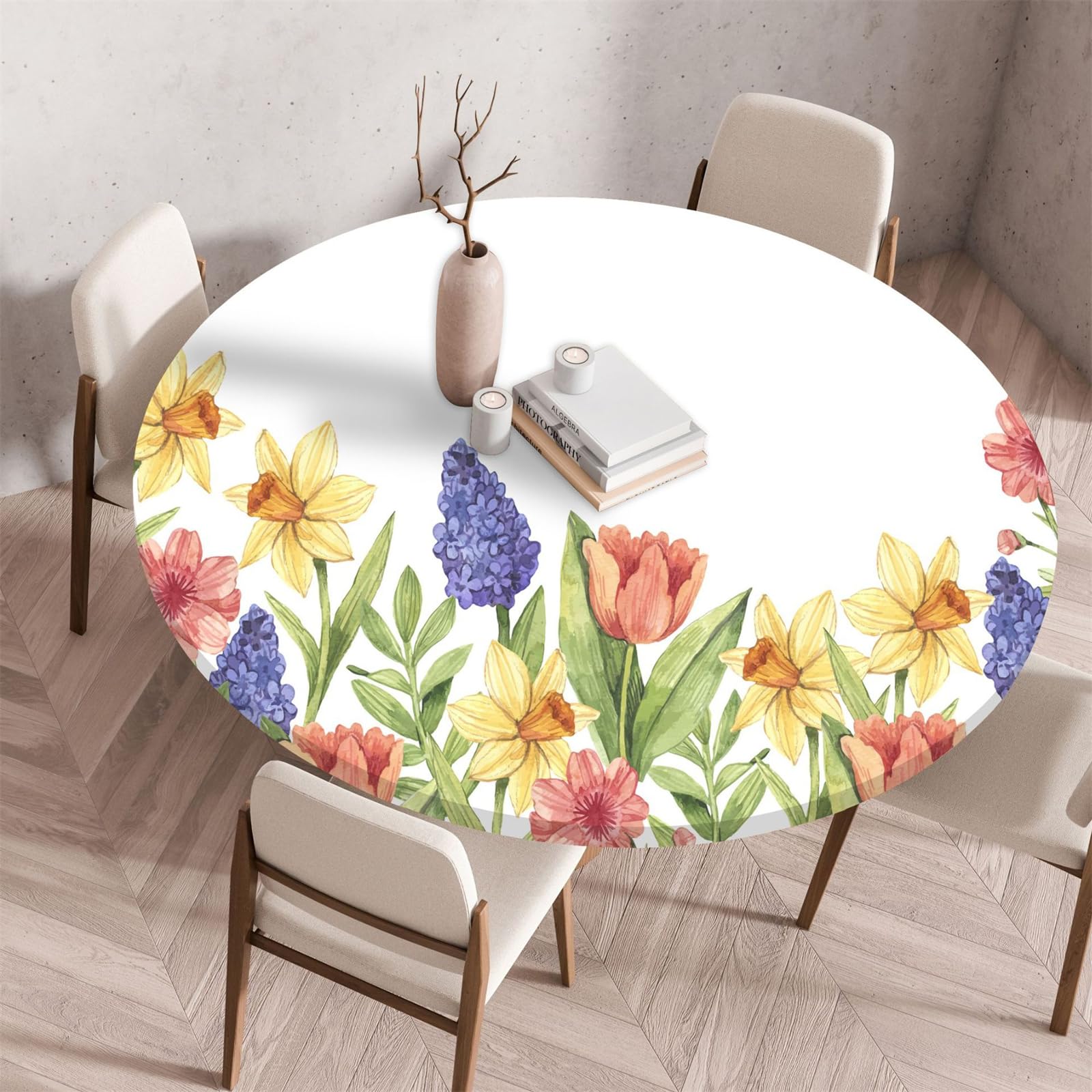 Muiuou Round Tablecloth, Flower Printing Waterproof Wipeable Table Cover Elastic Edge, Reusable Round Table Cover Cloth, Fitted Kitchen Restaurant Home Decoration (Diameter 110cm,Flower 7)