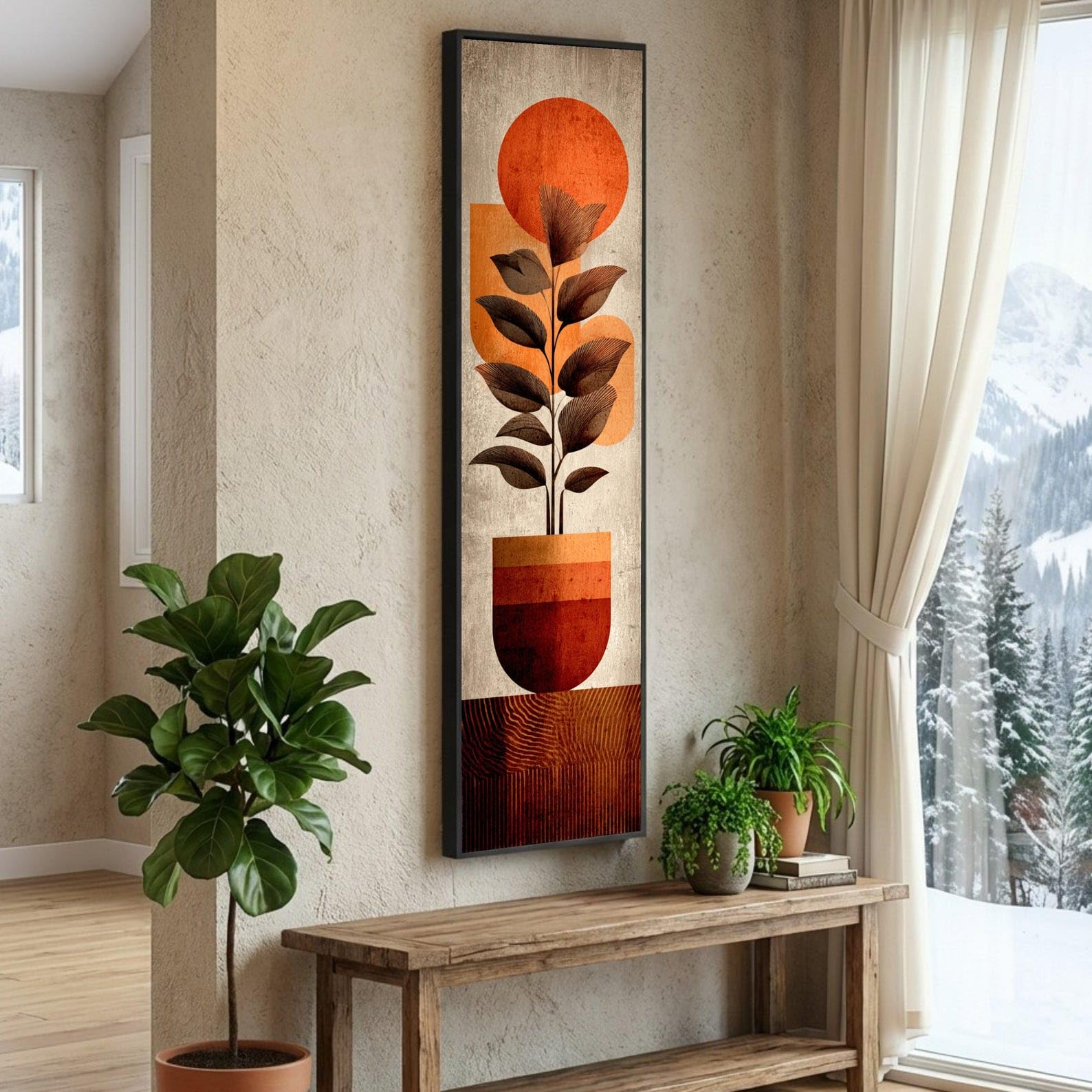 Lmycheng Frameless Abstract Potted Plant Painting, Bohemian Botanical Wall Art, Earth Tone Canvas Prints, Minimalist Nature Illustration(70X210cm/Frameless)