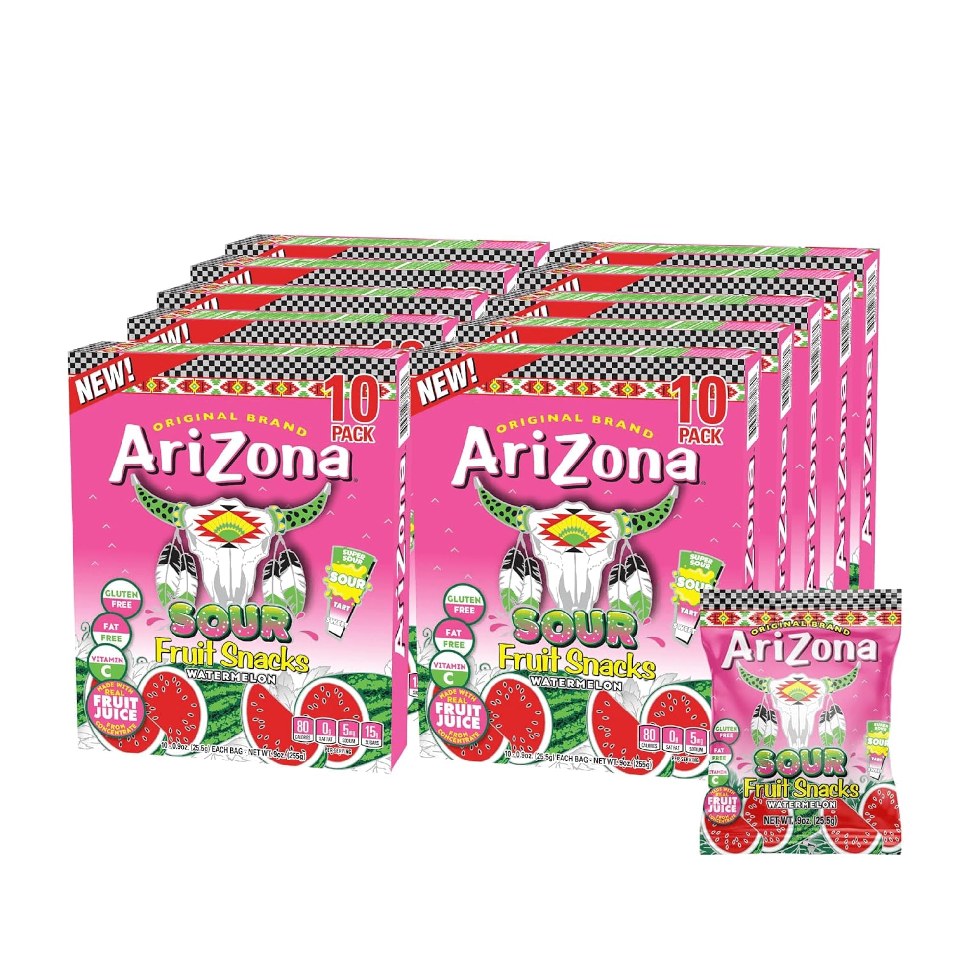 AriZona Fruit Snacks, Sour Watermelon - 10 Boxes of 10 ct. 0.9oz Bags (Total 100 ct) - Gluten Free - Gummy Chews