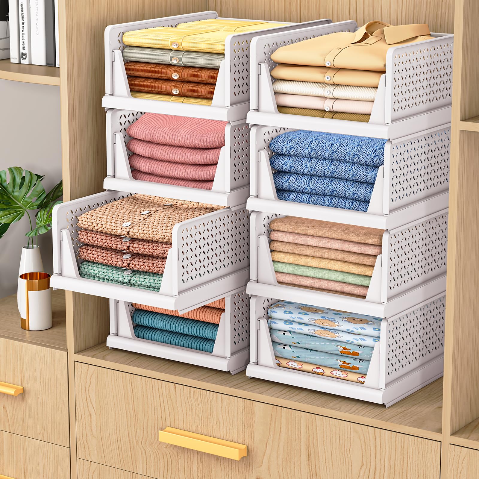TidyIsles Organizador Armario Plegable Apilable 4 Unidades, Cajonera Plástico Separadores, Almacenamiento Ropa para Dormitorio Baño Blanco