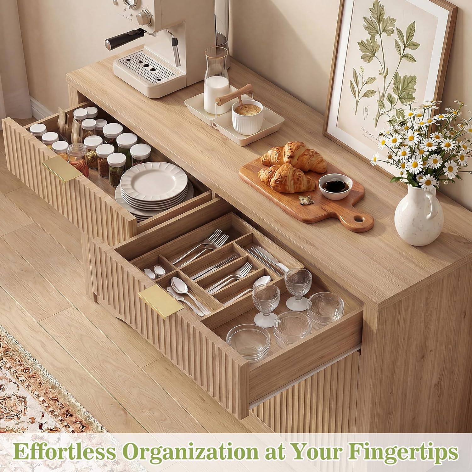 Cyclysio 55" Fluted Buffet Cabinet with Storage, Modern Sideboard Credenza with Adjustable Shelves & Drawers, Coffee Bar Table for Dining Room, Entryway, Kitchen, Natural Oak